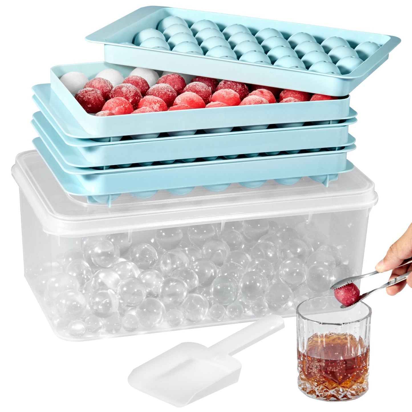 Round Ice Ball Maker Set for Freezer - 170 Sphere Ice Cubes, 3-Pack with Bin & Scoop