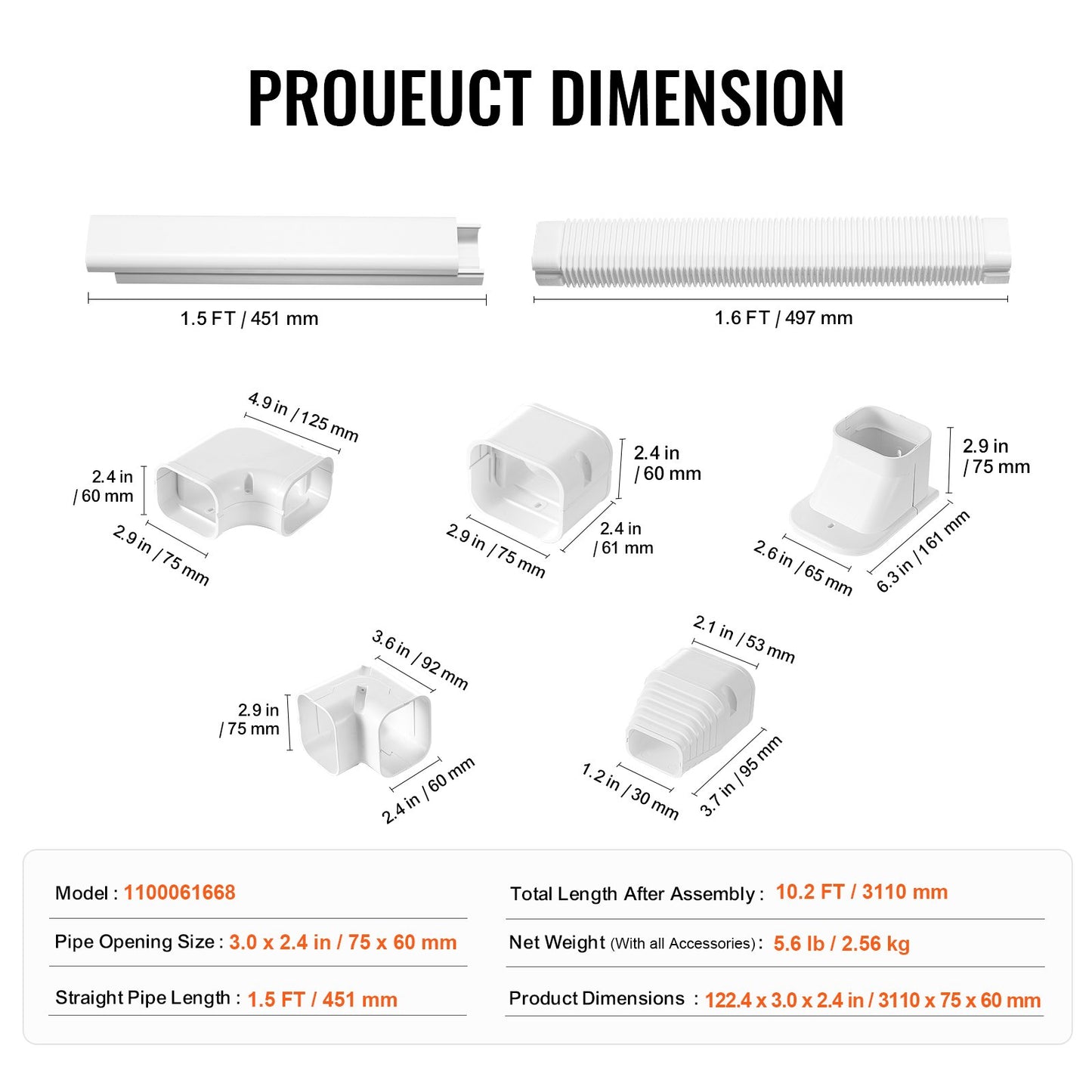 VEVOR Mini Split Line Set Cover 76.2mm W 3110mm L, PVC Decorative Pipe Line Cover