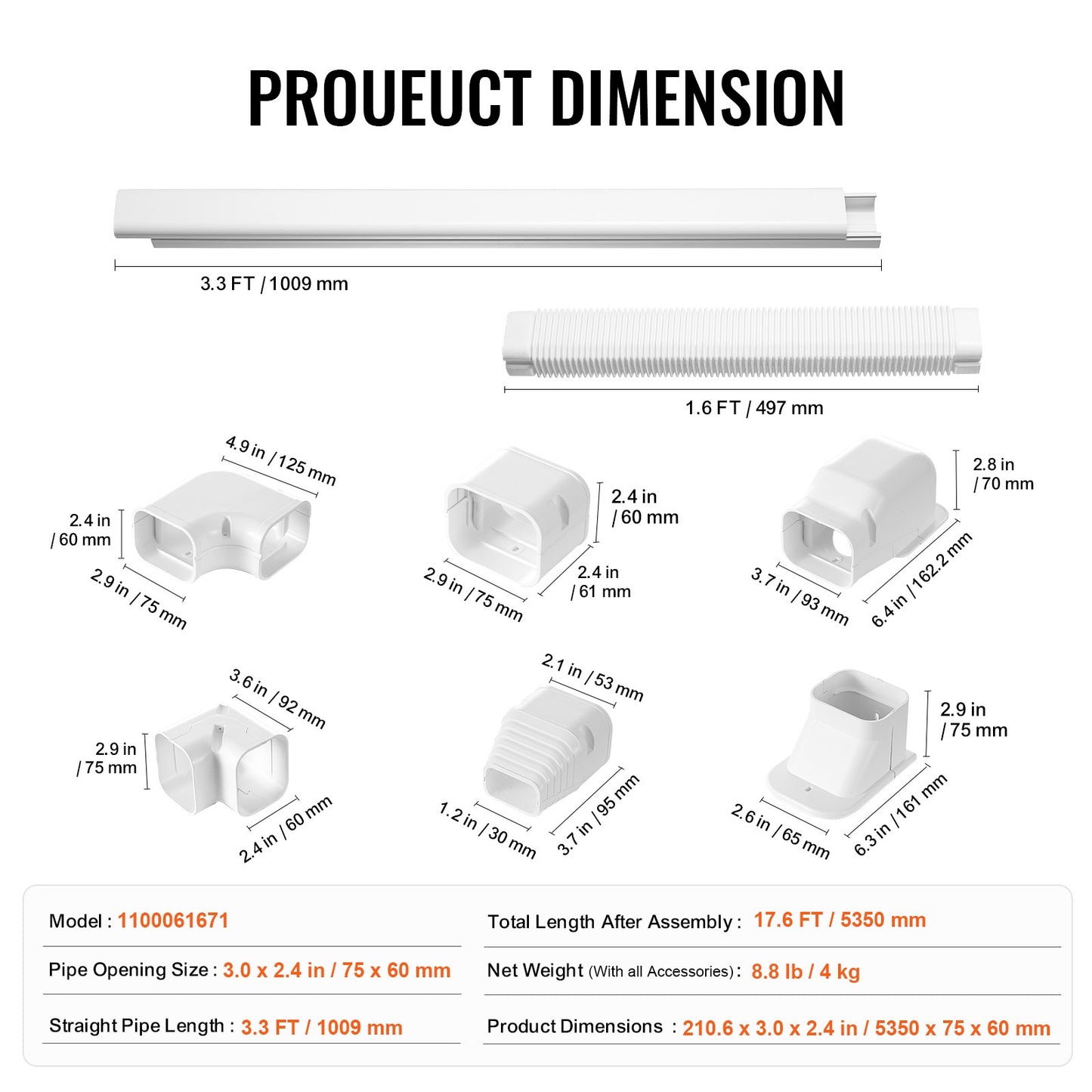 VEVOR Mini Split Line Set Cover 76.2mm W 5350mm L, PVC Decorative Pipe Line Cover