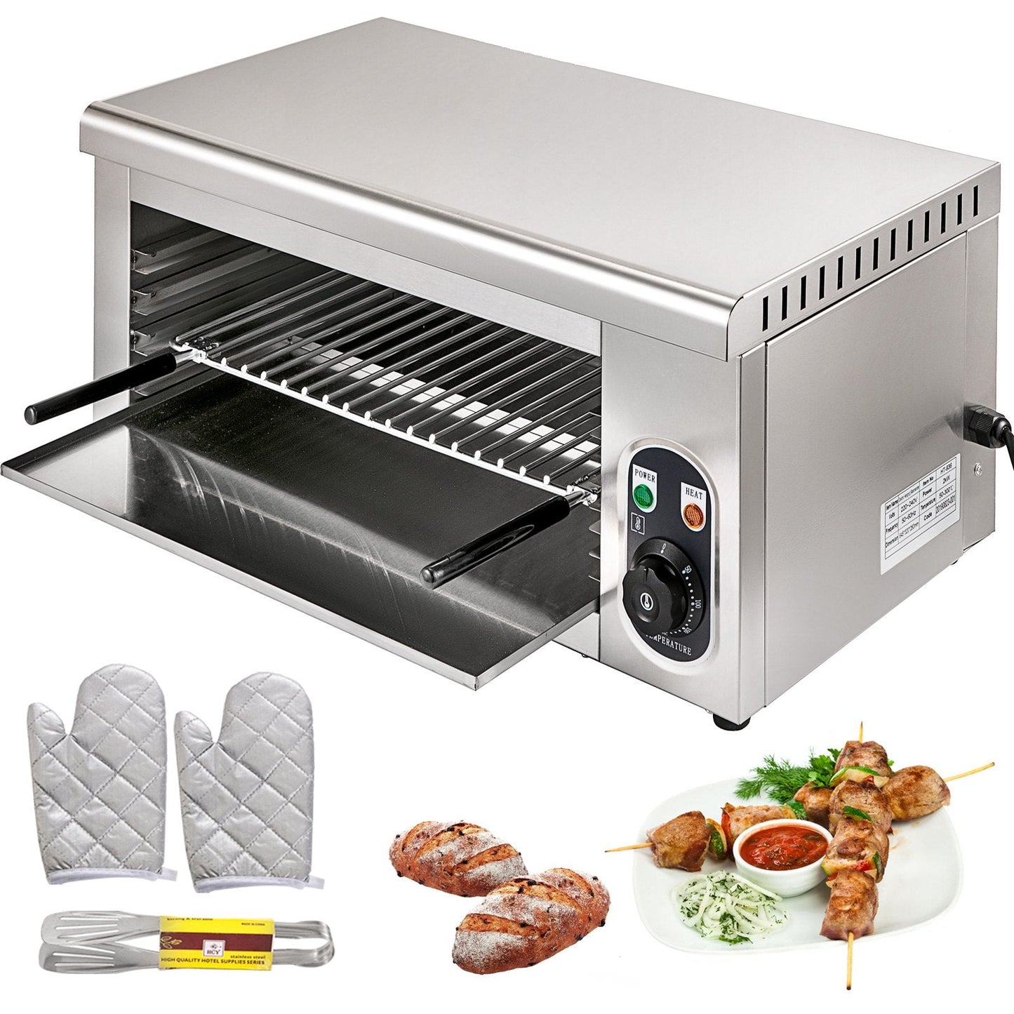 Electric Wall-Mounted Salamander Grill, Adjustable Grid, 2000W, Stainless Steel