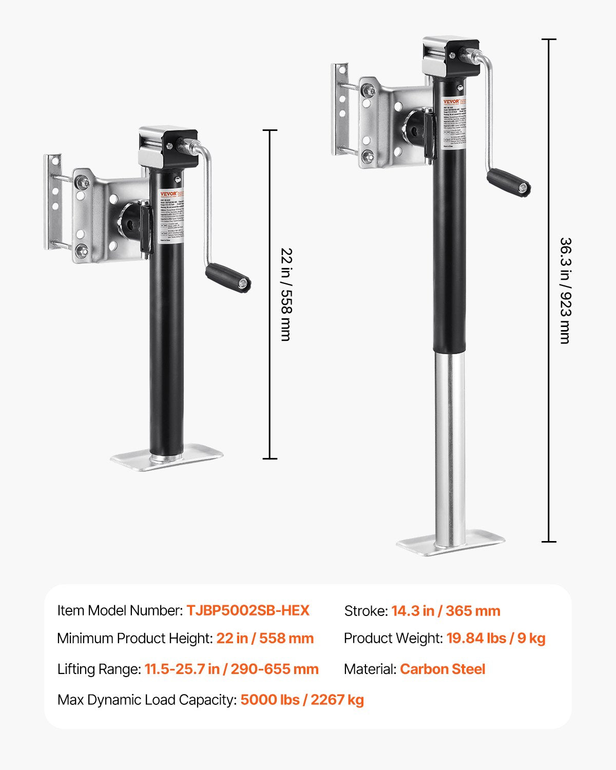 VEVOR Trailer Jack Bolt-on Trailer Tongue Jack 2267 kg Dynamic Load 365 mm Lift