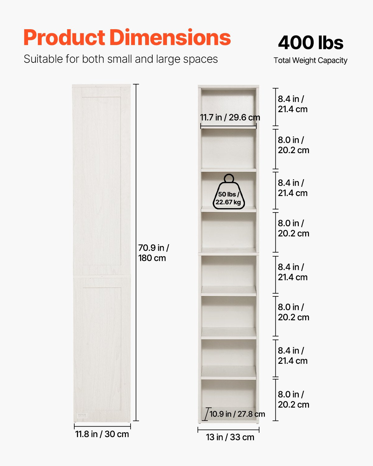 VEVOR 8-Tier Narrow Bookshelf 180cm Wooden Open Bookcase Adjustable Shelf White