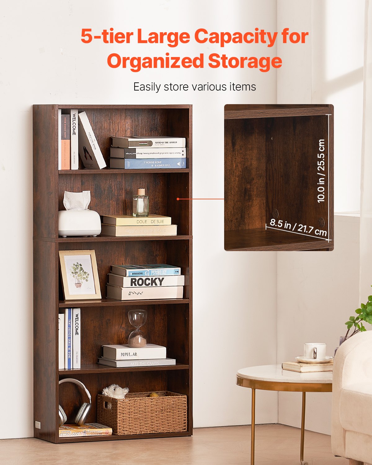 VEVOR 5-Tier Narrow Bookshelf 134cm Wooden Open Bookcase Adjustable Shelf Brown