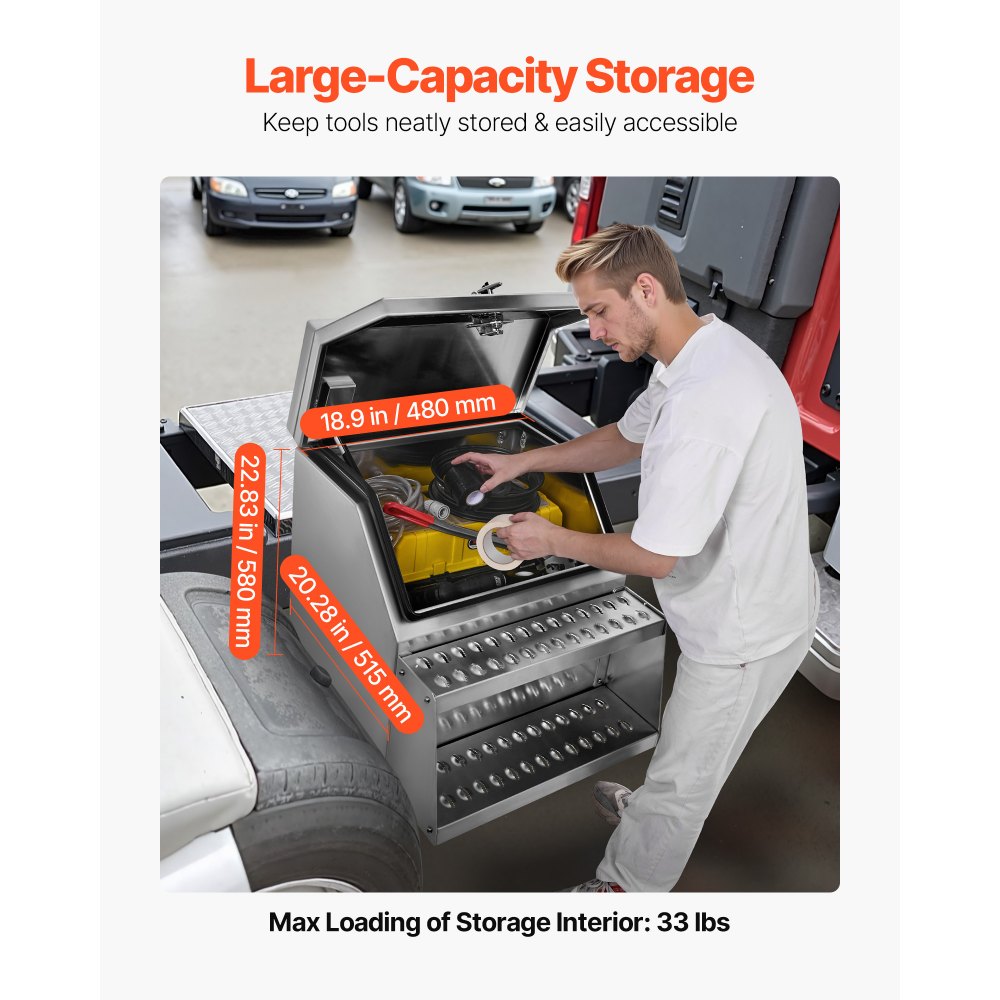Semi-Truck Step Tool Box, 610 x 695 x 645 mm Heavy Duty Aluminum Toolbox Side Mount, Waterproof Side Storage Saddle Step Box with T-Handle Lock & Keys for Semi Trucks, Flatbed Trailers