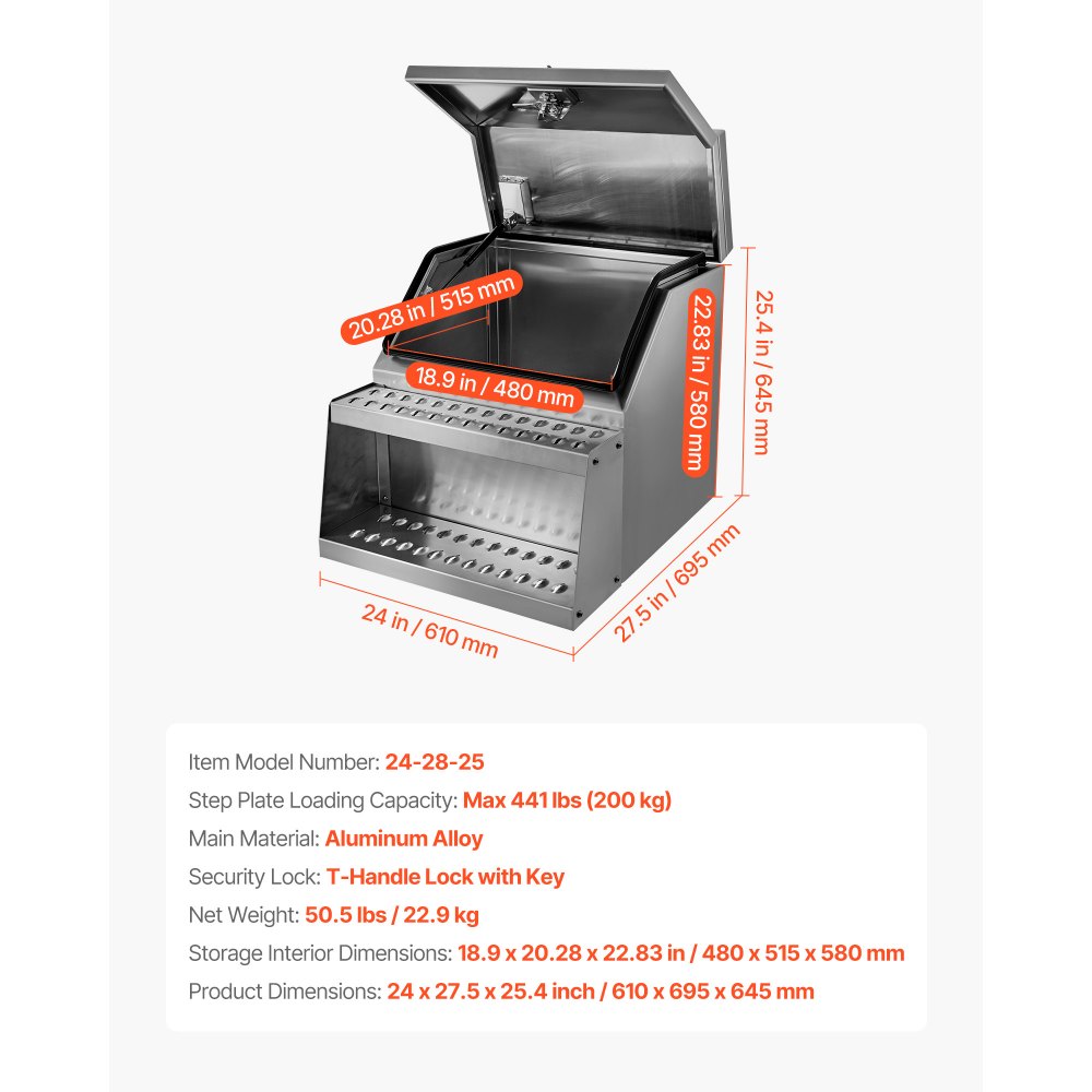 Semi-Truck Step Tool Box, 610 x 695 x 645 mm Heavy Duty Aluminum Toolbox Side Mount, Waterproof Side Storage Saddle Step Box with T-Handle Lock & Keys for Semi Trucks, Flatbed Trailers