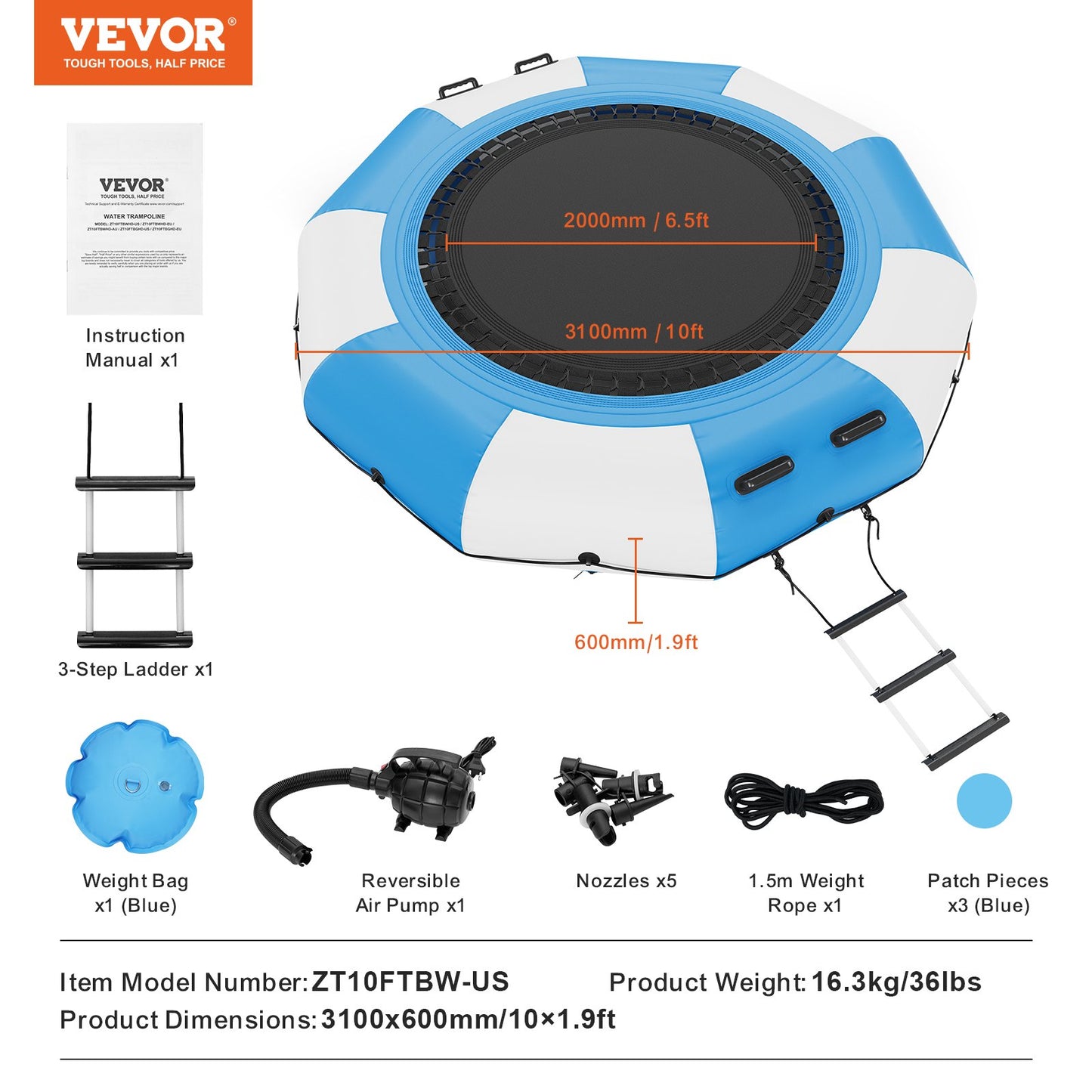 VEVOR Inflatable Water Bouncer, 10ft Recreational Water Trampoline, Portable Bounce
