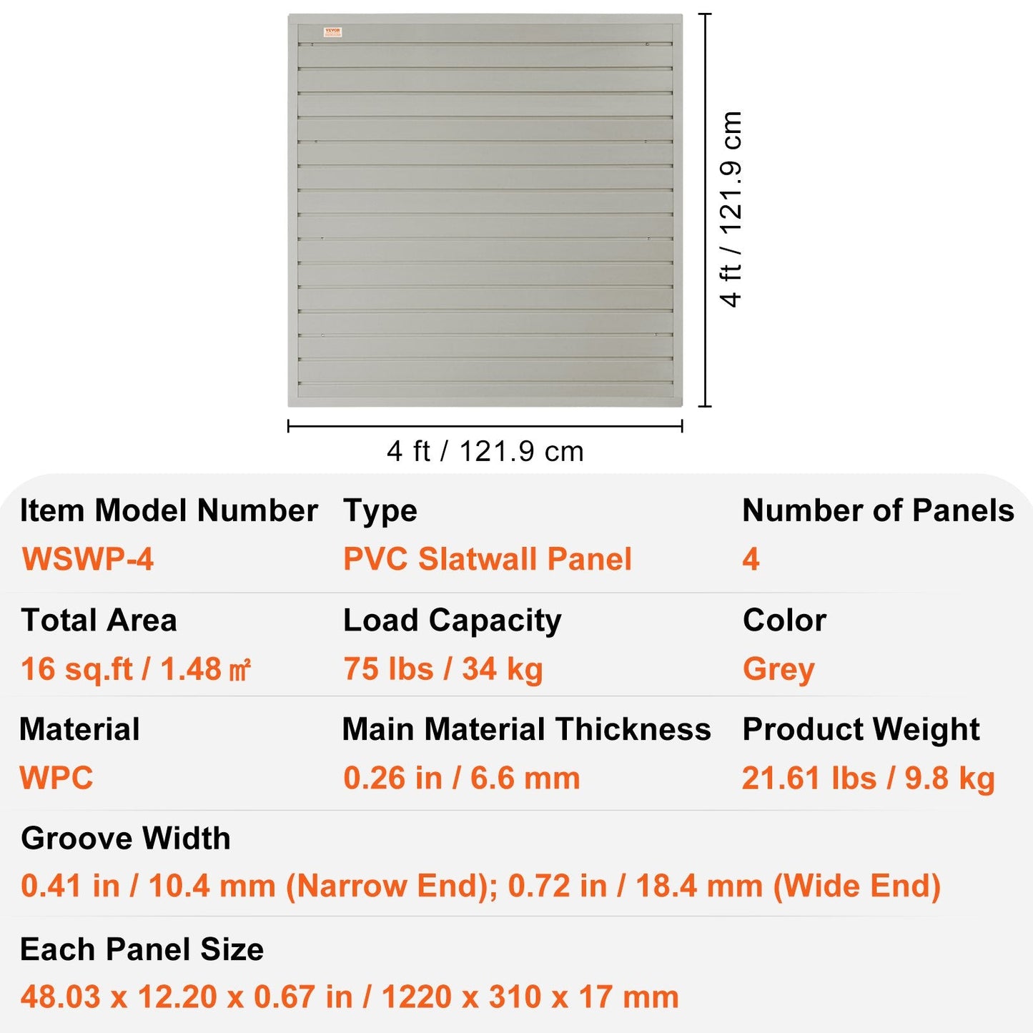 Gray PVC Slatwall Panels, 122 x 31 cm, Set of 4 for Garage & Retail Storage
