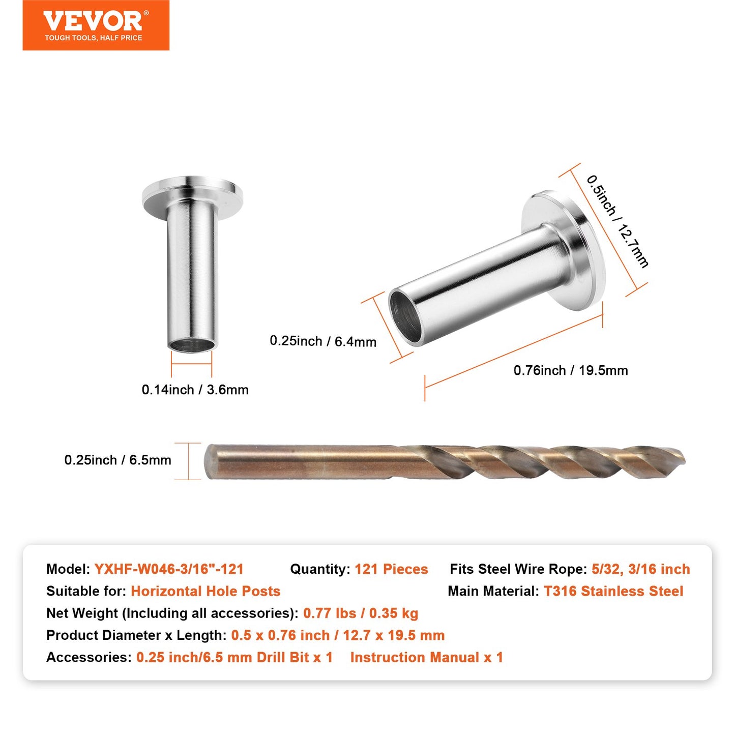 VEVOR 121 Pack T316 Stainless Steel Protector Sleeves for 4mm 4.8mm Wire Rope Cable