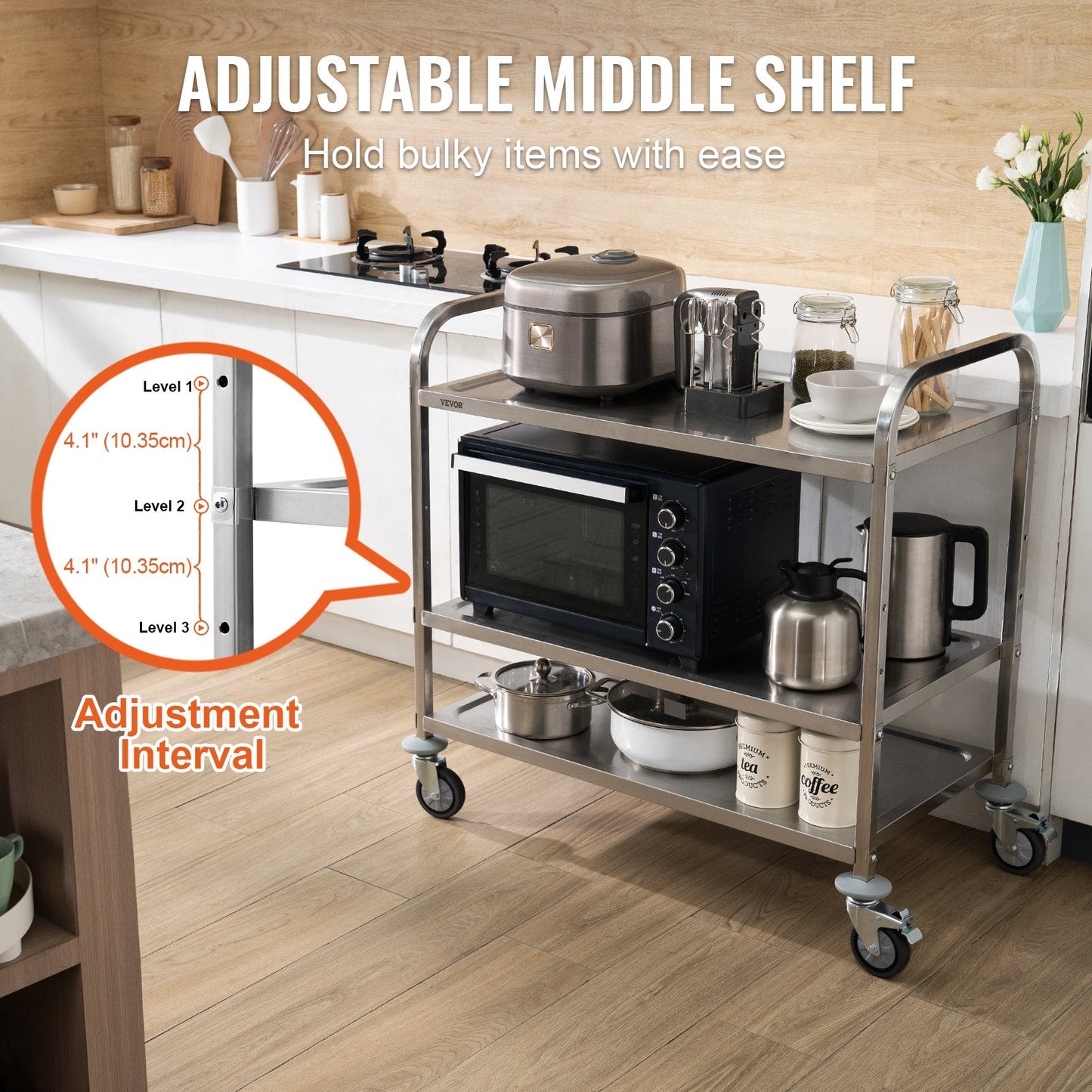 3-Tier Stainless Steel Rolling Utility Cart with Wheels, 204 kg Capacity, 6 Hooks