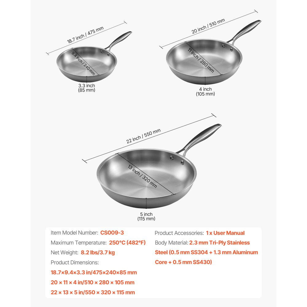 Triply Stainless Steel Frying Pan 3Pcs 240 280 320mm for Dishwasher Silver
