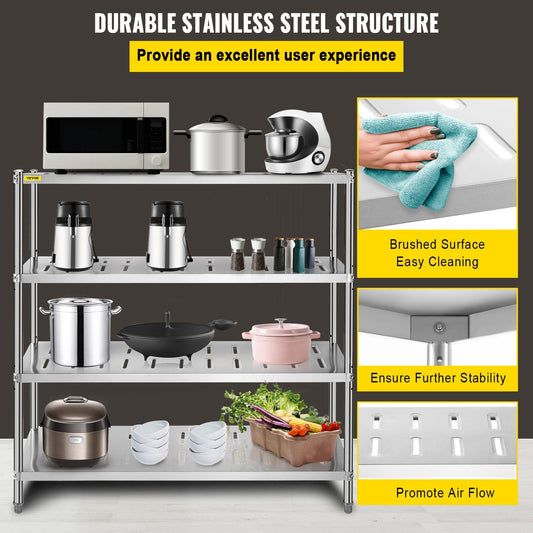 Heavy Duty 4-Tier Stainless Steel Garage Shelf, 120x45x155 cm, Adjustable Height