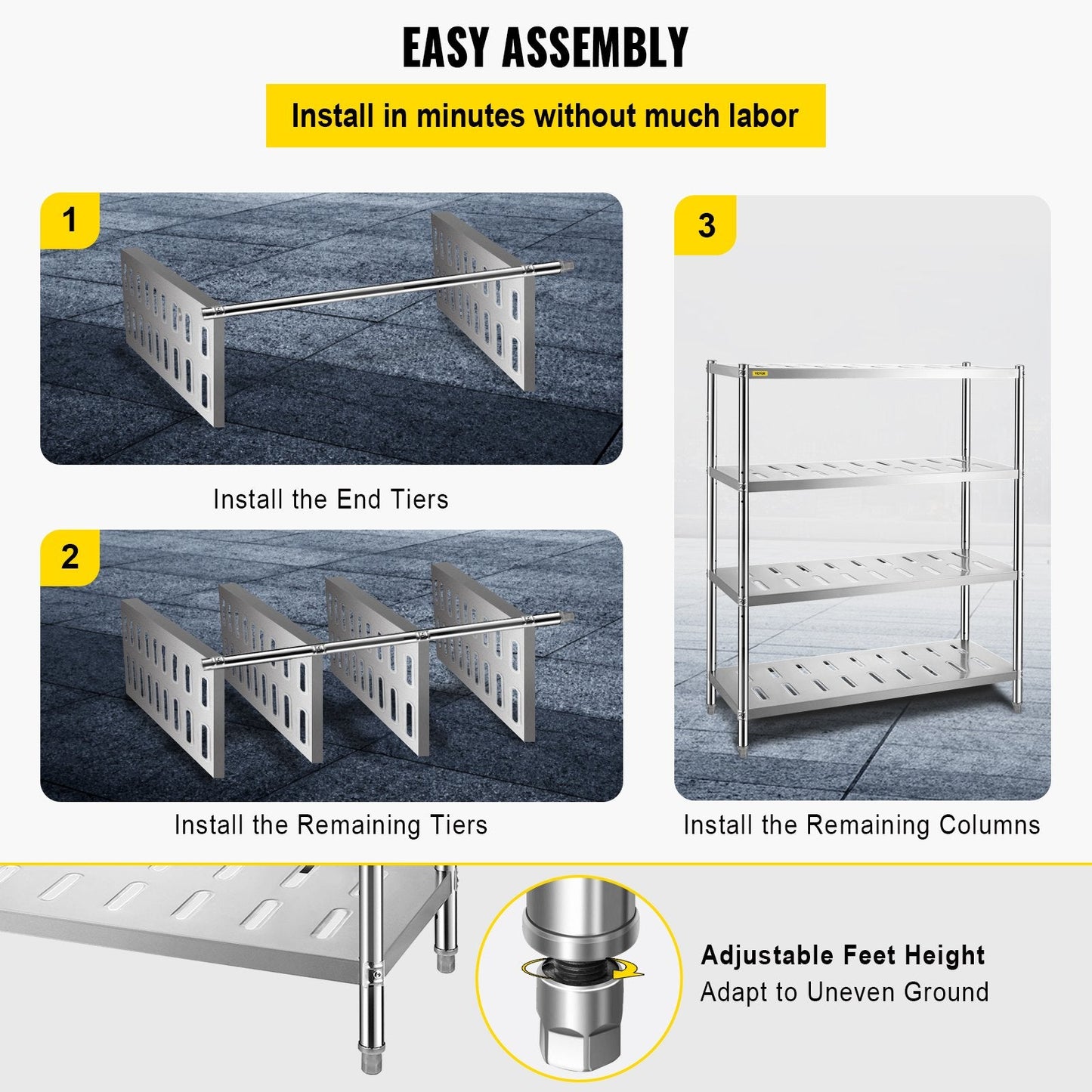 Heavy Duty 4-Tier Stainless Steel Garage Shelf, 120x45x155 cm, Adjustable Height