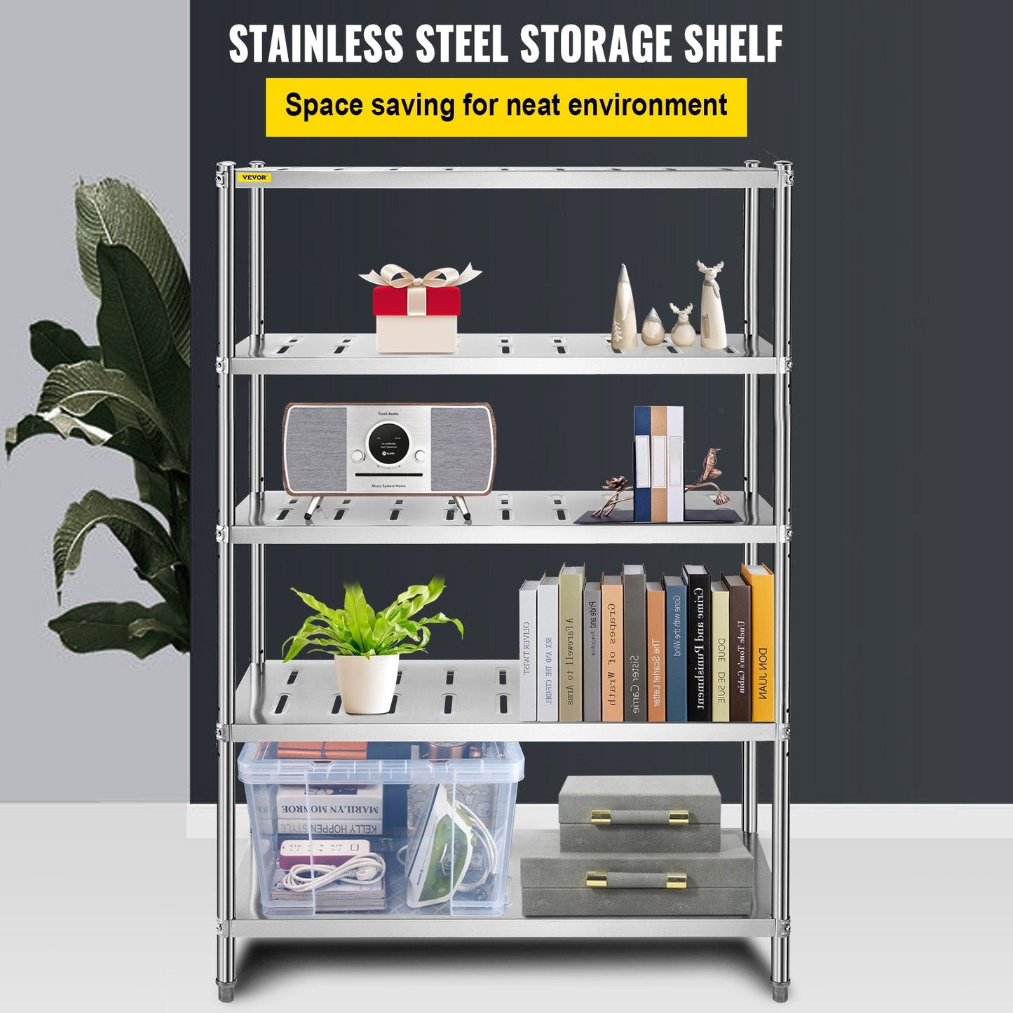 Heavy Duty 5-Tier Stainless Steel Garage Shelf, 120 x 45 x 180 cm, Adjustable