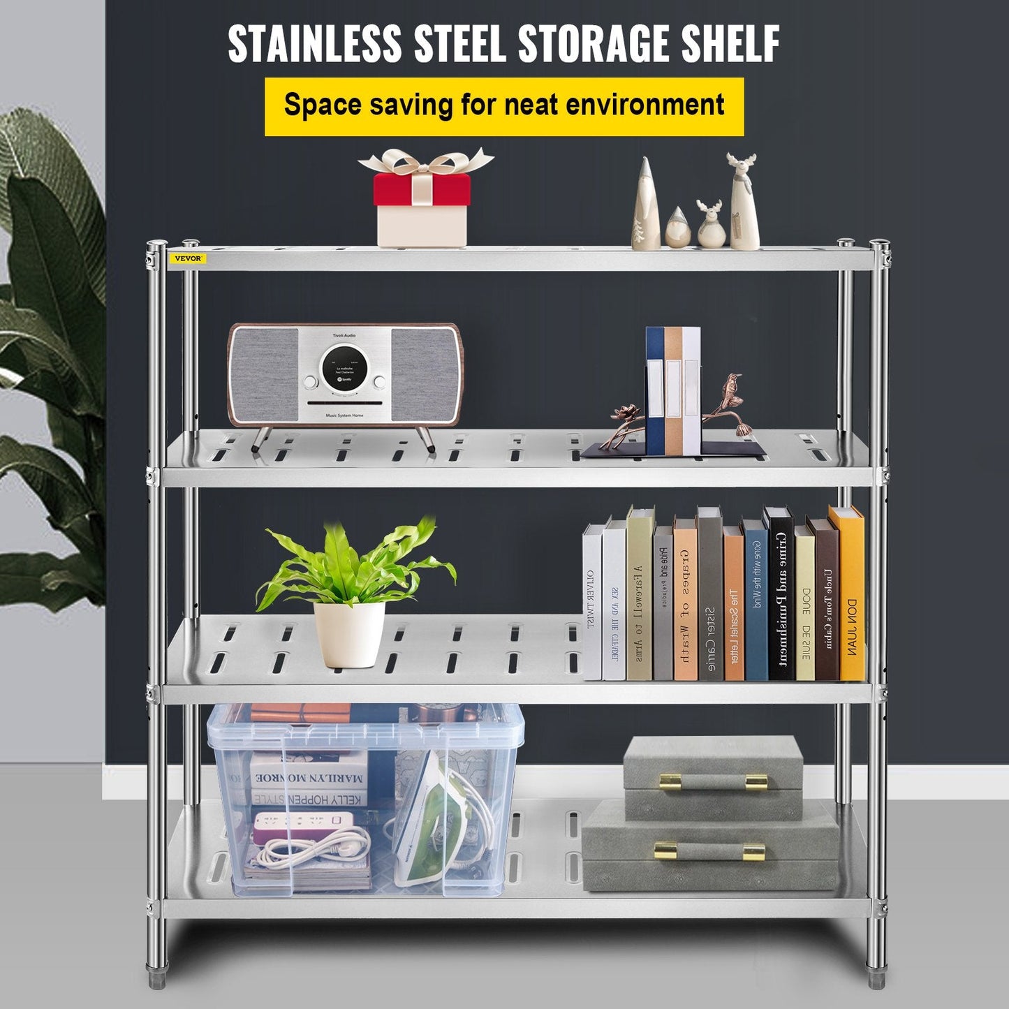 4-Tier Heavy Duty Stainless Steel Garage Shelf, 150x45x155cm, 60kg Capacity