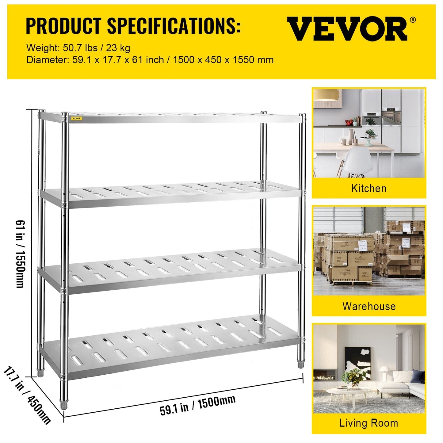 4-Tier Heavy Duty Stainless Steel Garage Shelf, 150x45x155cm, 60kg Capacity
