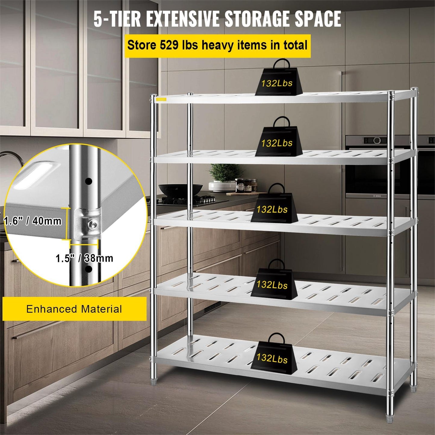 VEVOR Storage Shelf, 5-Tier Storage Shelving Unit, Stainless Steel Garage Shelf,