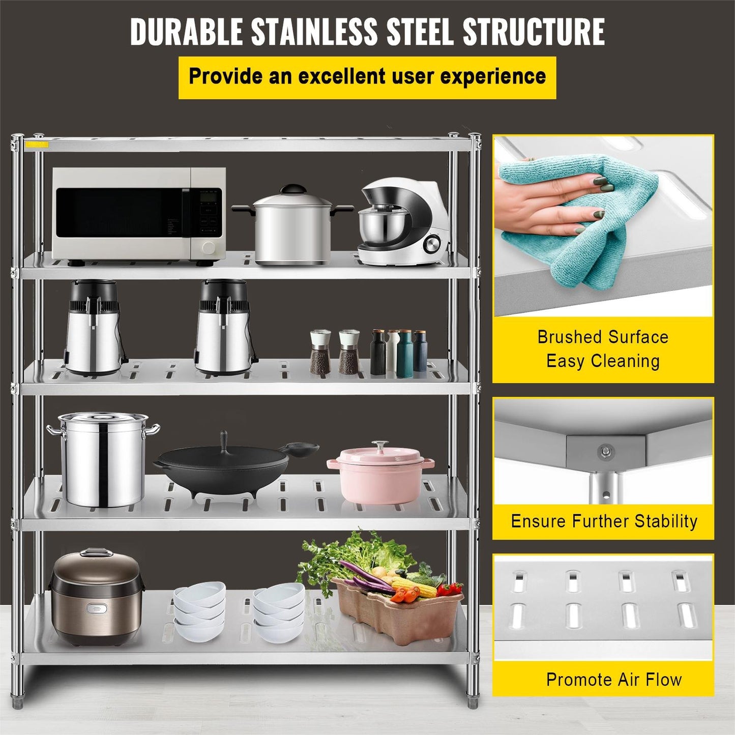 VEVOR Storage Shelf, 5-Tier Storage Shelving Unit, Stainless Steel Garage Shelf,