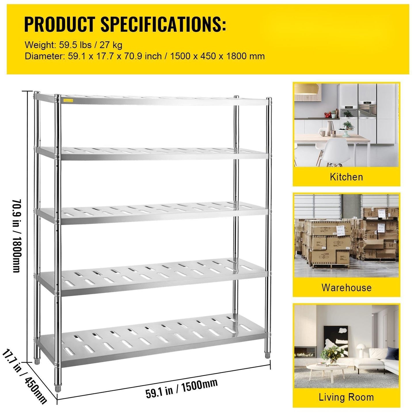 5-Tier Stainless Steel Garage Shelf, 150x45x180 cm, 300 kg Capacity, Adjustable