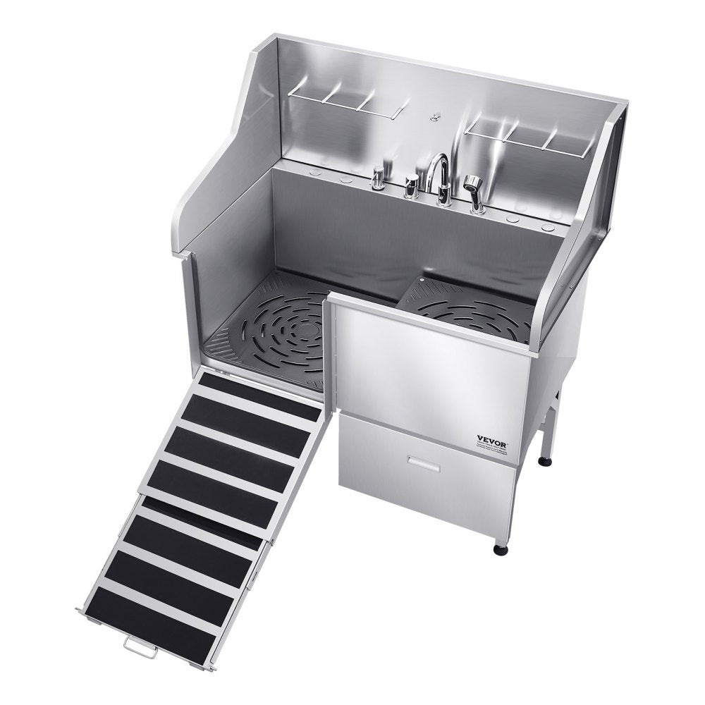 VEVOR 127 cm Dog Grooming Bath Tub Stainless Steel w Ramp Faucet Left Door