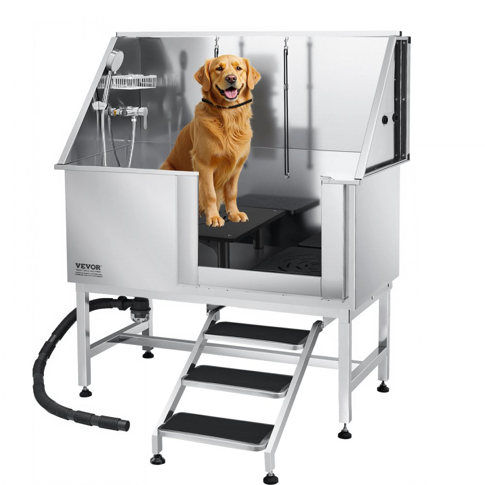 VEVOR 127 cm Dog Grooming Bath Tub Stainless Steel w Stairs Water Filter