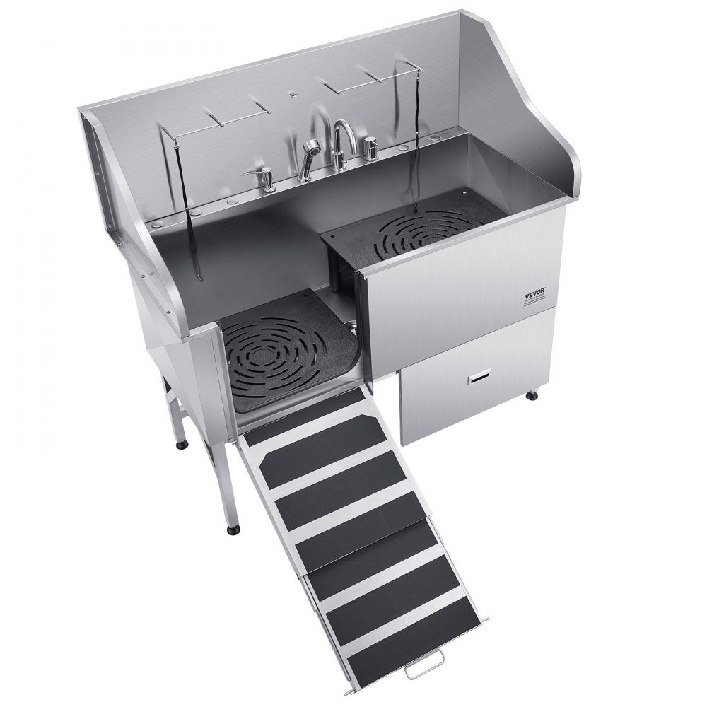 VEVOR 155 cm Dog Grooming Bath Tub Stainless Steel w Ramp Water Filter Left