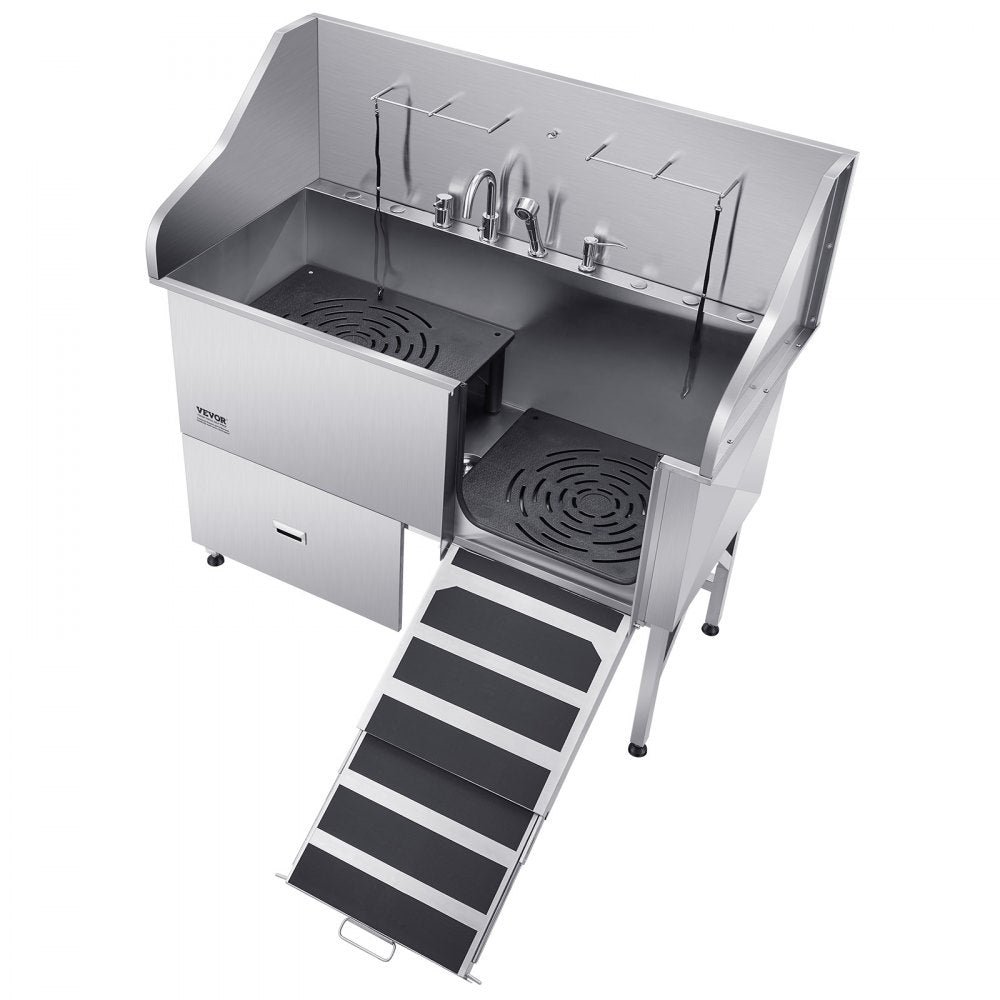 VEVOR 155 cm Dog Grooming Bath Tub Stainless Steel w Ramp Water Filter