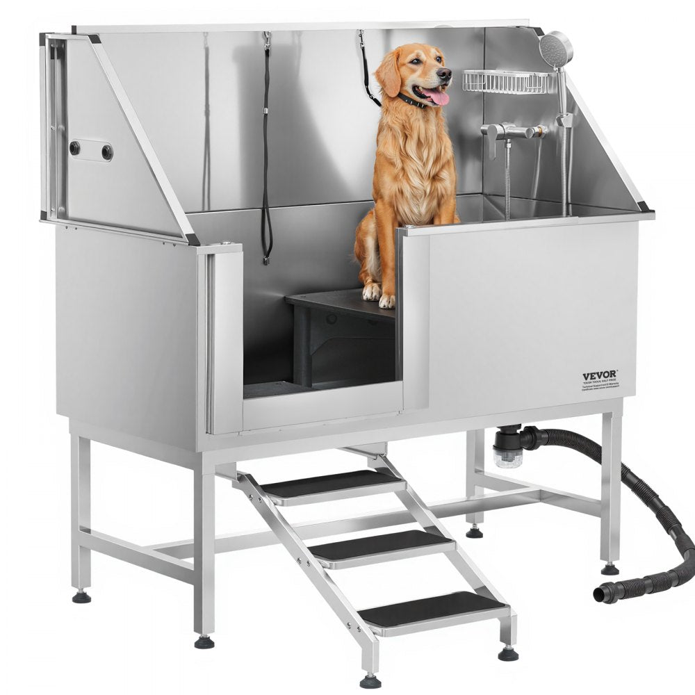 VEVOR 157.5 cm Dog Grooming Bath Tub Stainless Steel w Stairs Water Filter Left