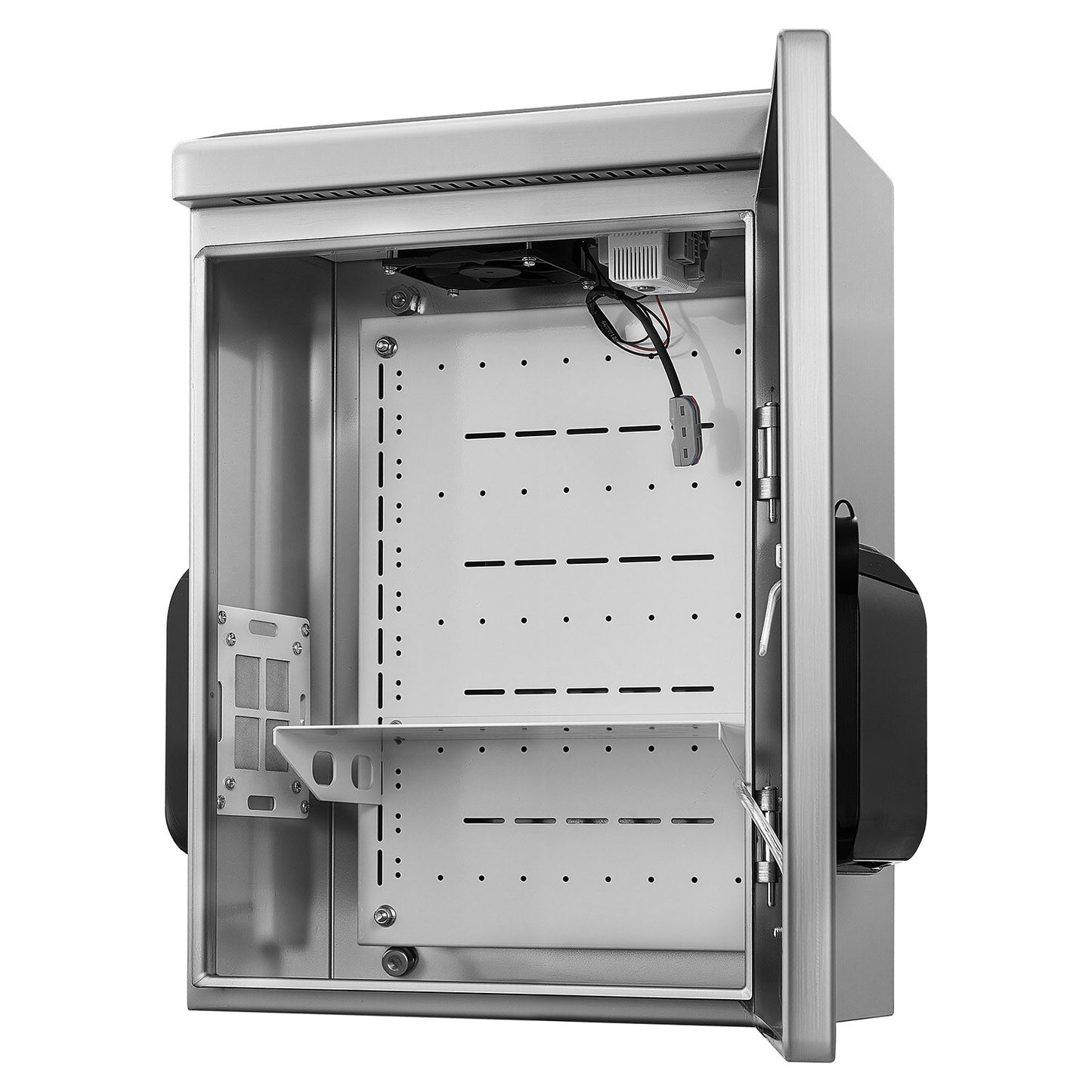 Outdoor Electrical Box, 500 x 400 x 200 mm, Stainless Steel Ventilated Electrical Enclosure with Thermostat and Fan, Rain Hood, Hinge Connection, IP65 Waterproof Junction Box, Wall/Pole Mounted,