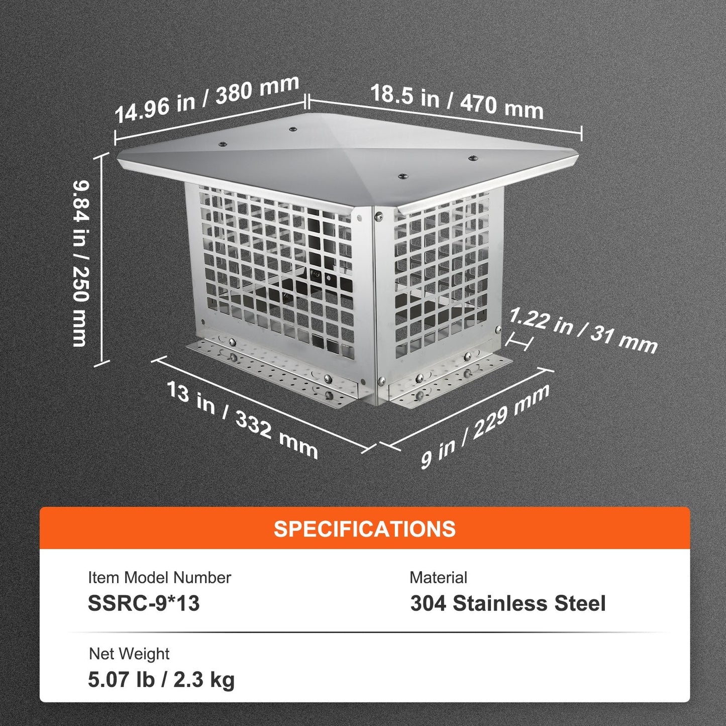 Stainless Steel Chimney Cap 0.33m x 0.25m with Removable Top and Wind Resistance