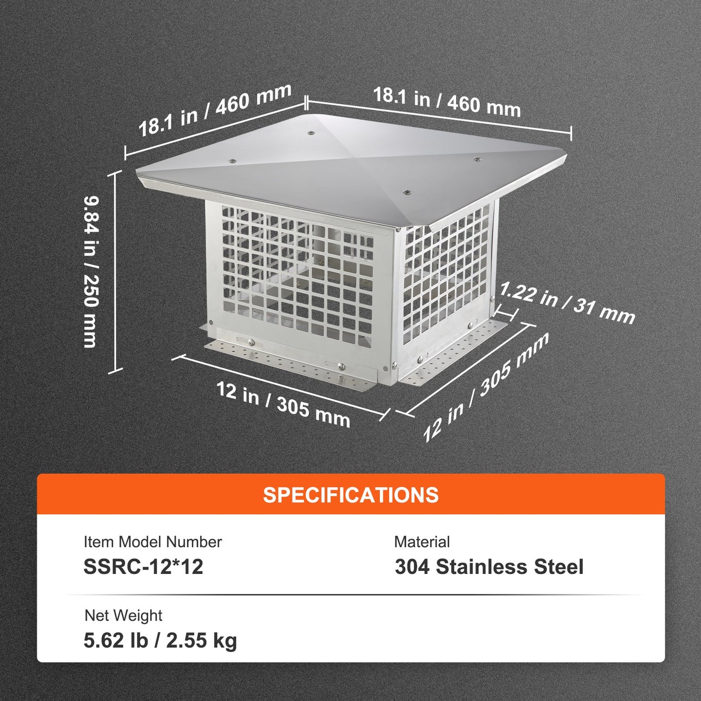 VEVOR Chimney Cap 12” x 12” 304Stainless Steel Fireplace Flue Caps Cover Mesh