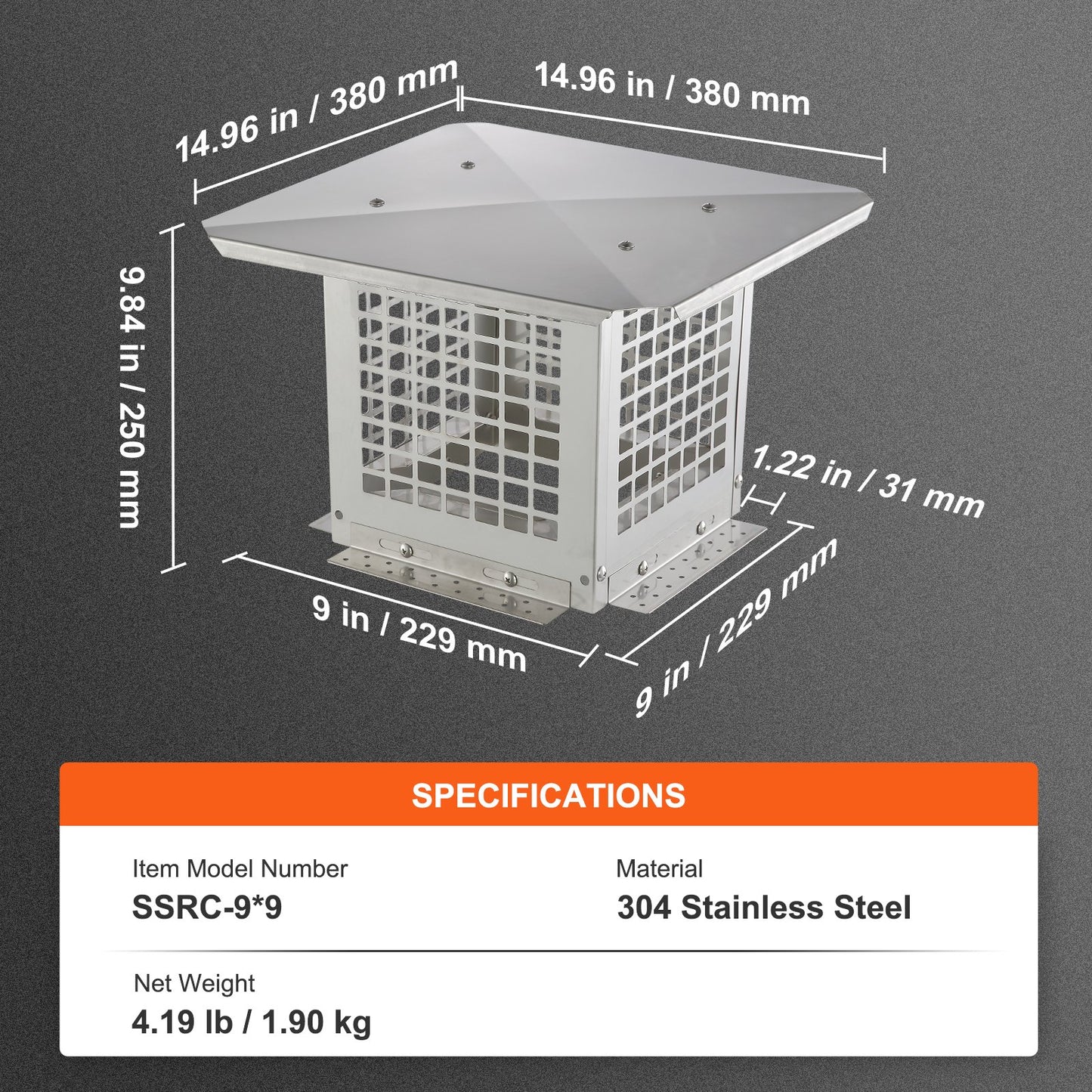 VEVOR Chimney Cap 9” x 9” 304Stainless Steel Fireplace Flue Caps Cover Mesh