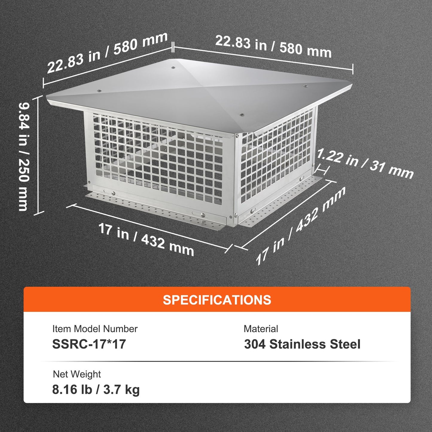 VEVOR Chimney Cap 17” x 17” 304Stainless Steel Fireplace Flue Caps Cover Mesh