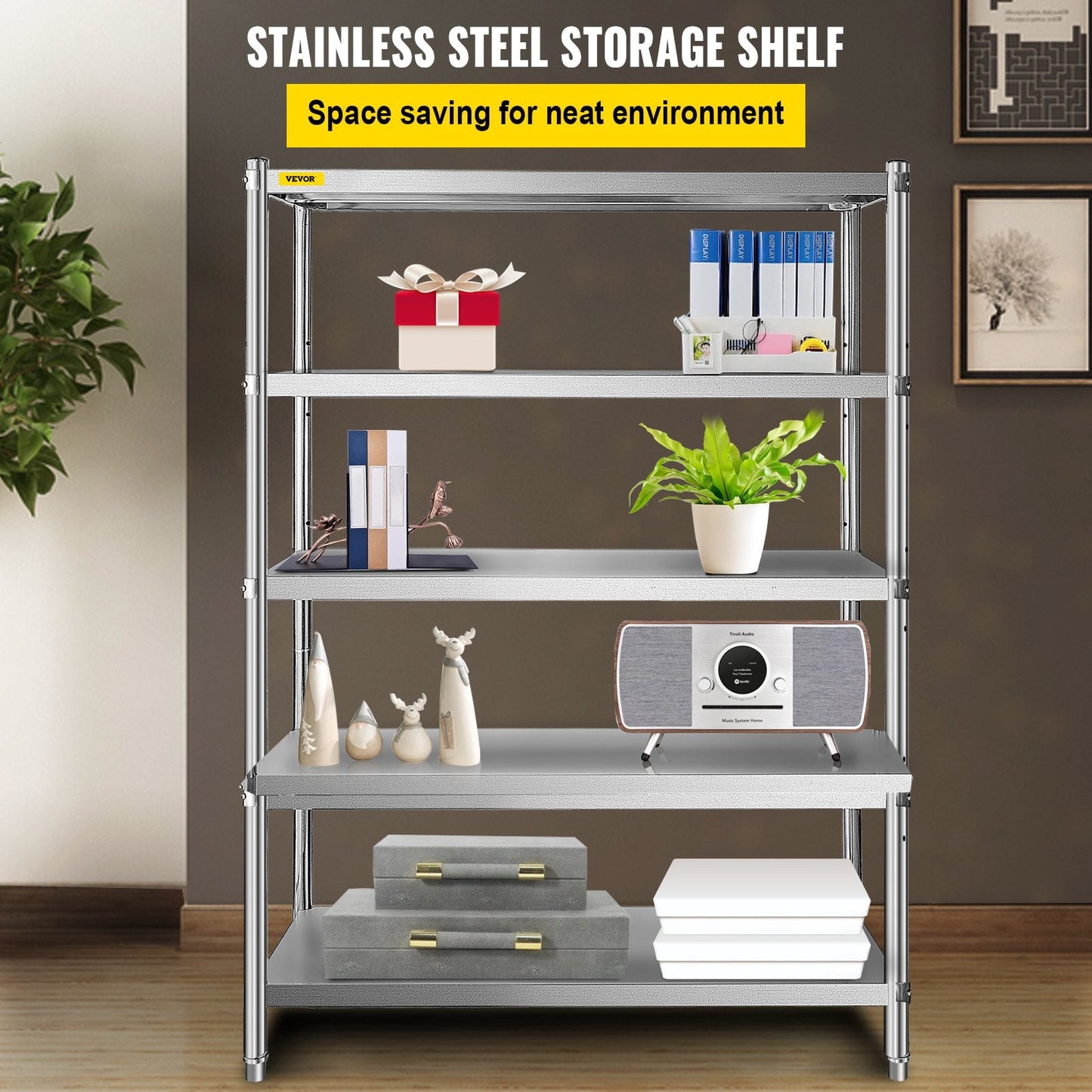 5-Tier Stainless Steel Adjustable Storage Rack for Kitchen & Garage, 150kg/Shelf
