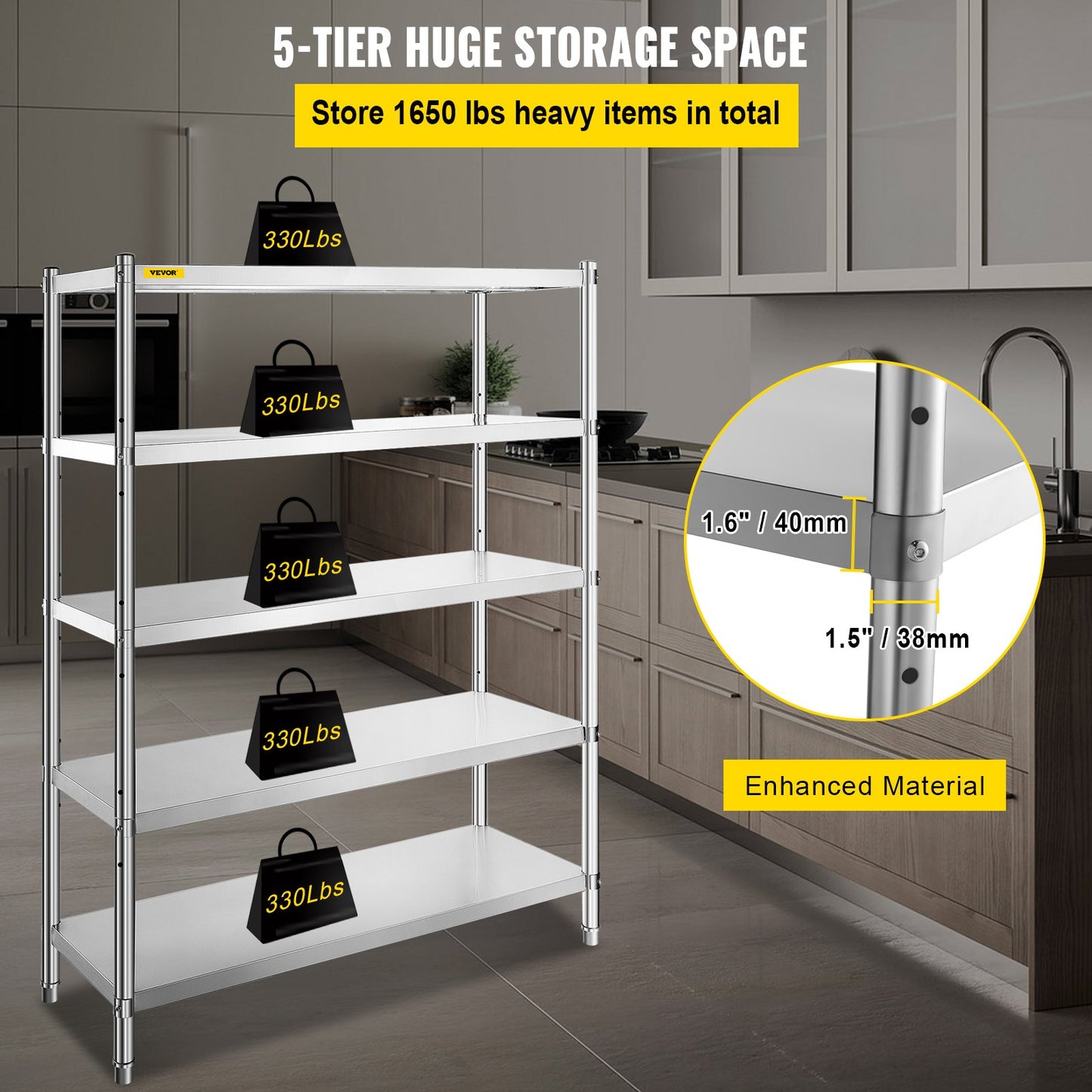 VEVOR Stainless Steel Shelves 47.5x18 Inch 5 Tier Adjustable Shelf Storage Unit