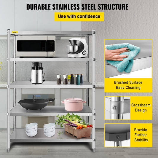 5-Tier Stainless Steel Adjustable Storage Rack for Kitchen & Garage, 150kg/Shelf