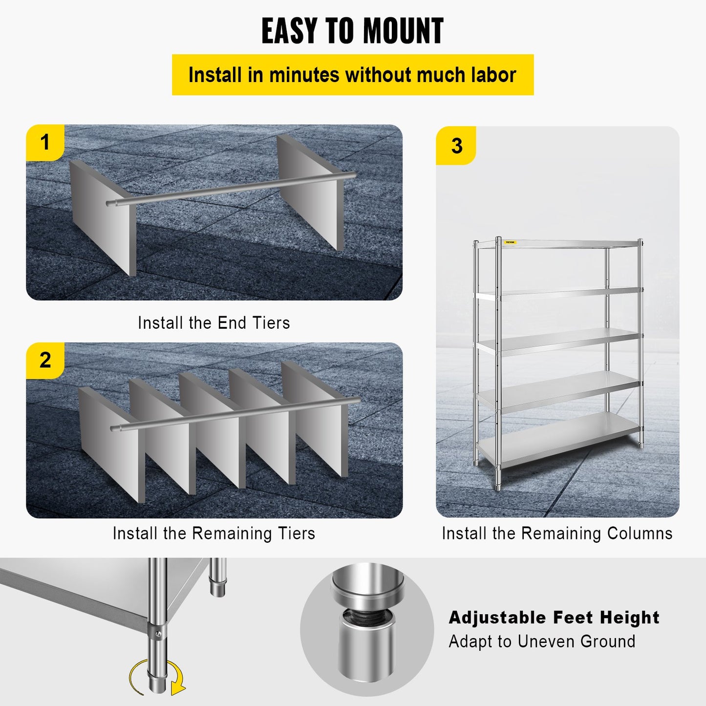 VEVOR Stainless Steel Shelves 47.5x18 Inch 5 Tier Adjustable Shelf Storage Unit