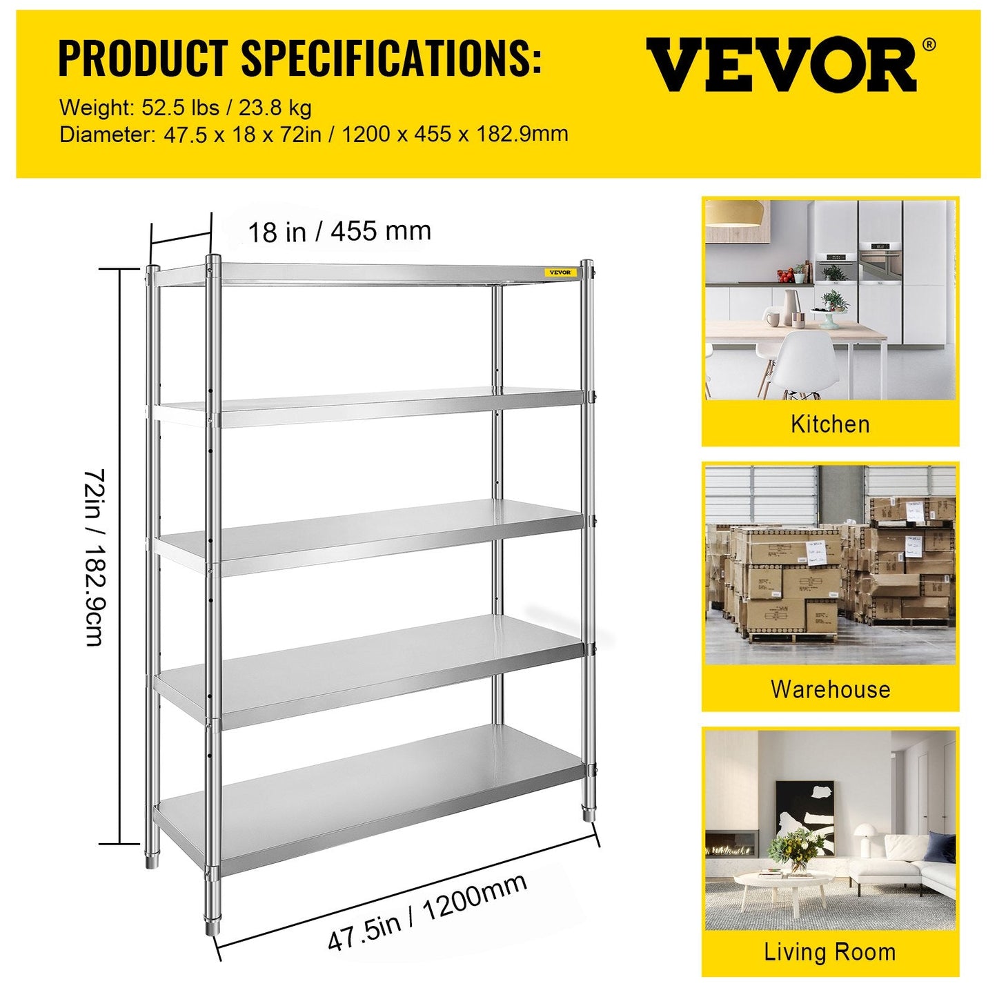 5-Tier Stainless Steel Adjustable Storage Rack for Kitchen & Garage, 150kg/Shelf