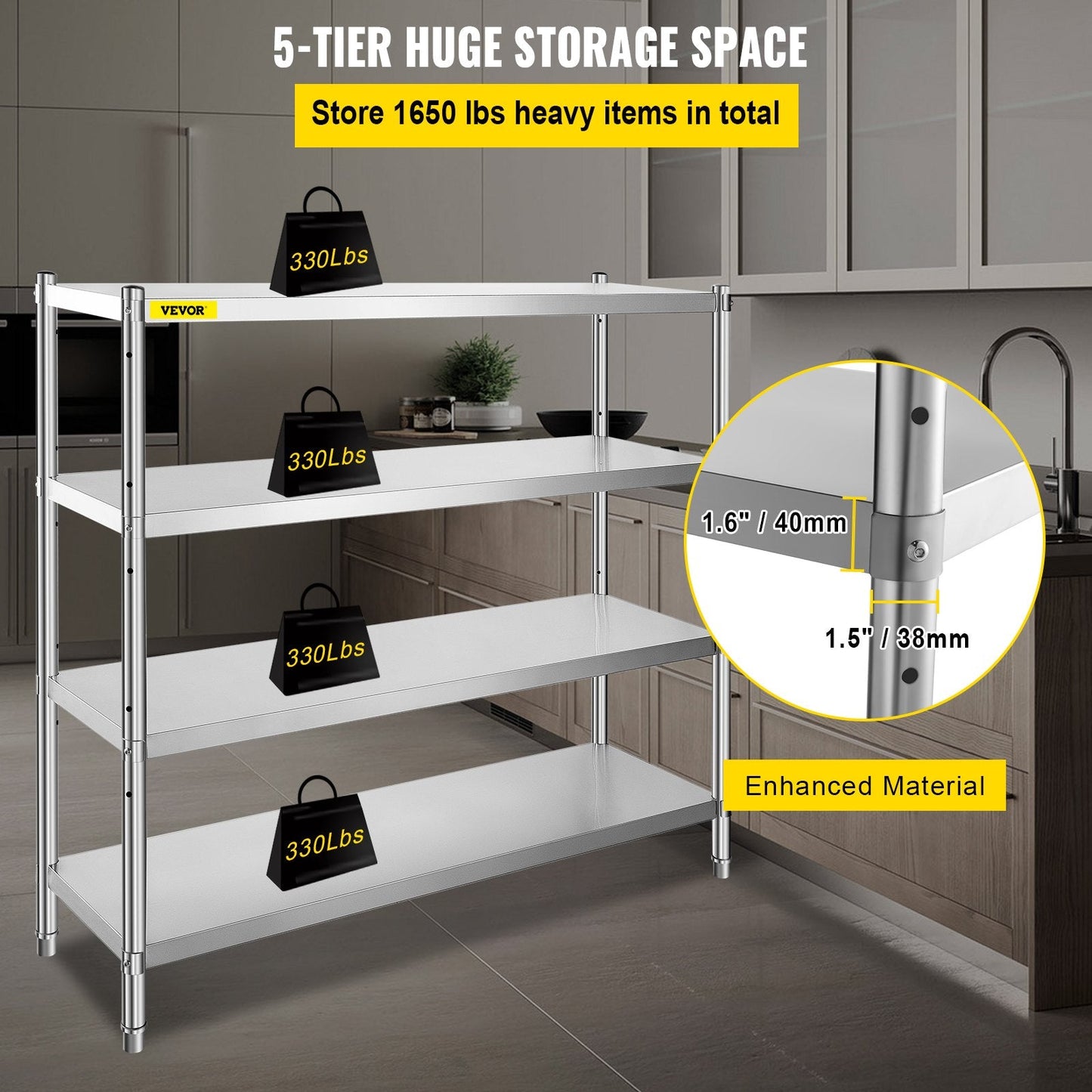 4-Tier Stainless Steel Storage Rack, 180x45x150cm, 599 kg Capacity, Adjustable