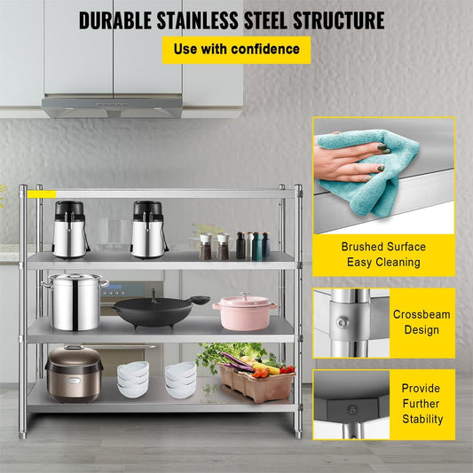 4-Tier Stainless Steel Storage Rack, 180x45x150cm, 599 kg Capacity, Adjustable