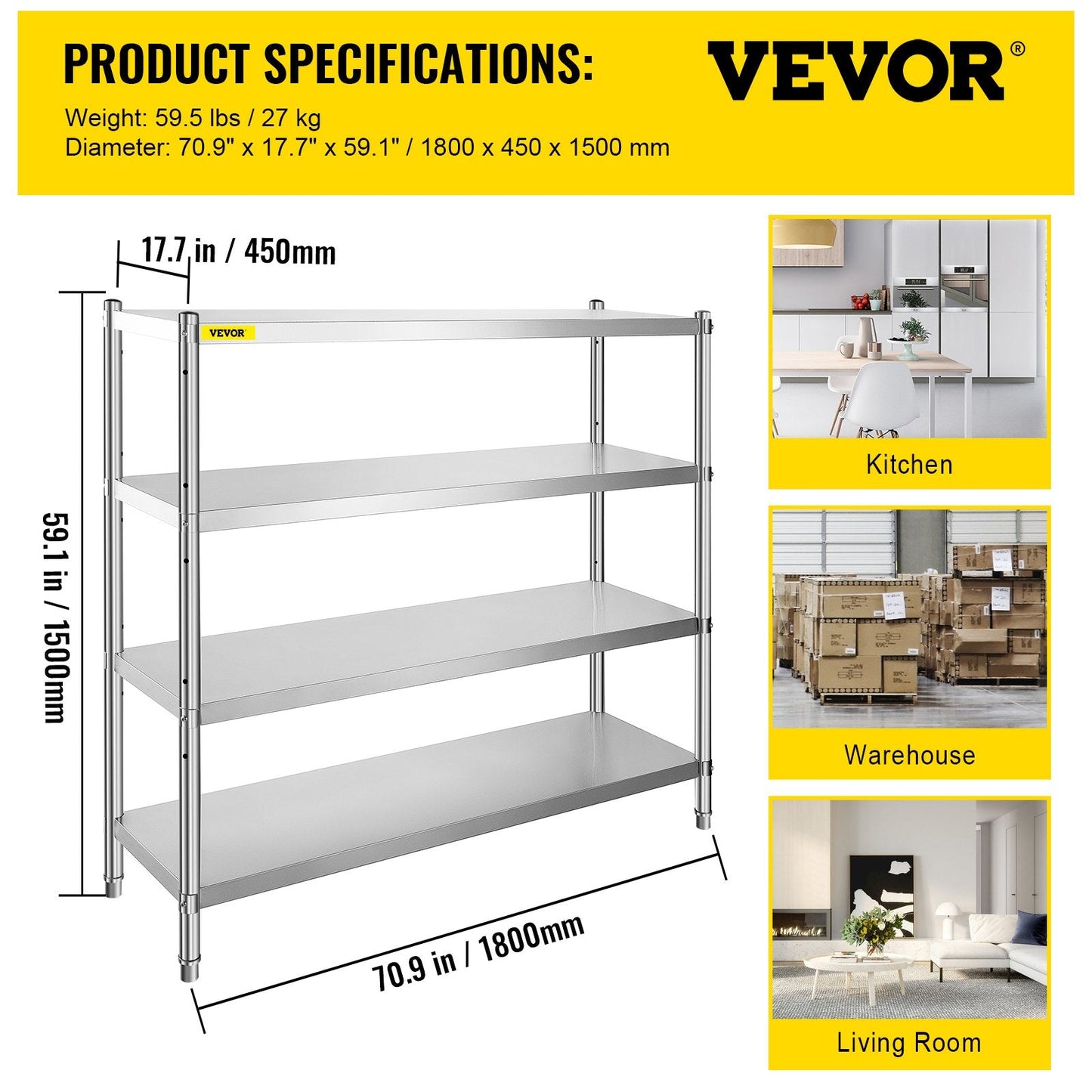 4-Tier Stainless Steel Storage Rack, 180x45x150cm, 599 kg Capacity, Adjustable