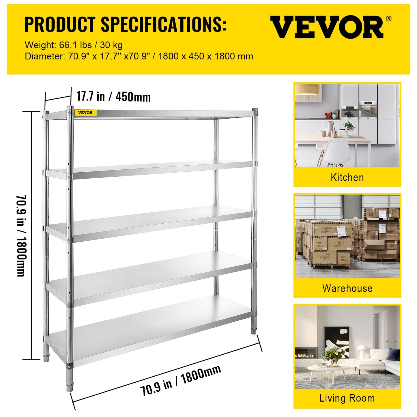 VEVOR Storage Shelf, 5-Tier Storage Shelving Unit, Stainless Steel Garage Shelf,