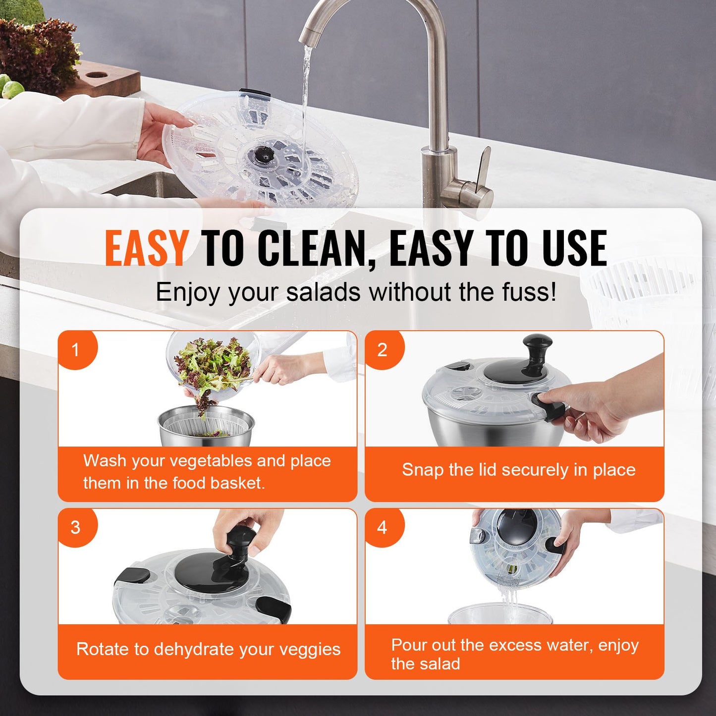 VEVOR Stainless Steel Salad Spinner, 4.5L, One-handed Easy Press Large Vegetable