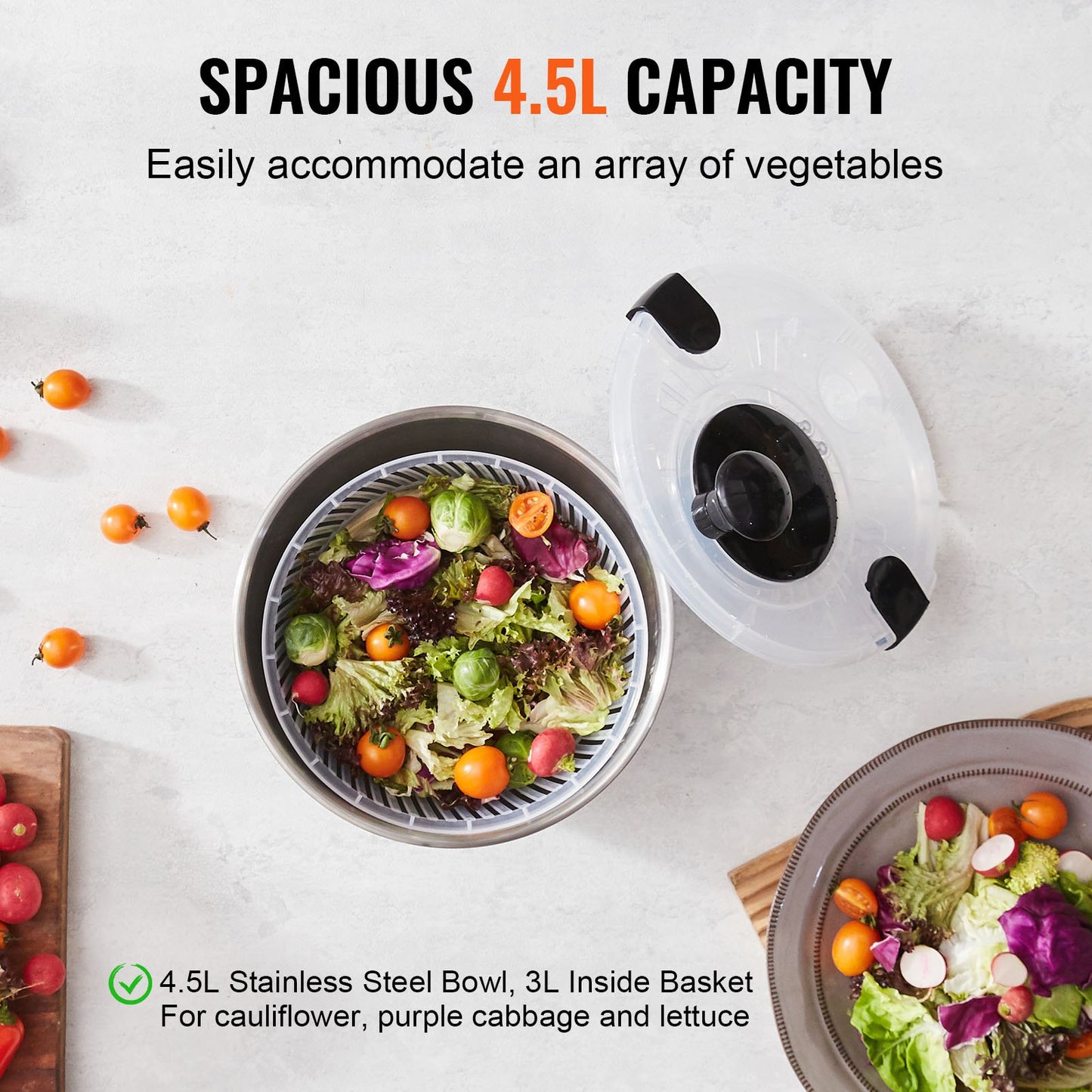VEVOR Stainless Steel Salad Spinner, 4.5L, One-handed Easy Press Large Vegetable
