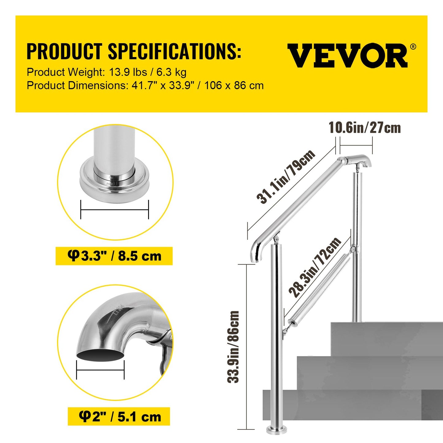 VEVOR 3 Step Railing Stainless Steel Transitional Handrail fit for Level Surface