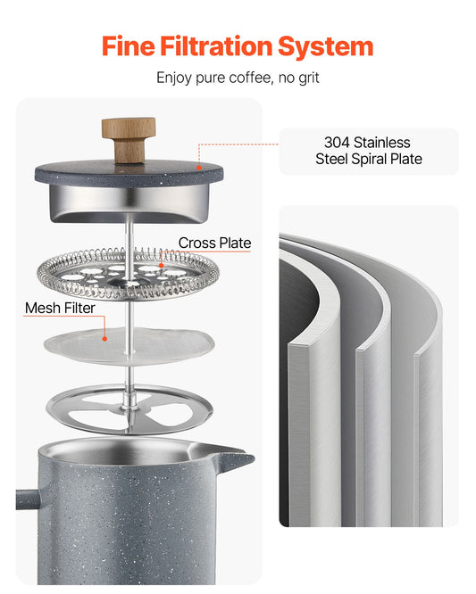 French Press Coffee Maker, 1 Liter Stainless Steel Coffee Press Tea Maker with Filter, Large Double Wall Insulated French Presses Cold Brew for Camping Travel Home Kitchen, Black