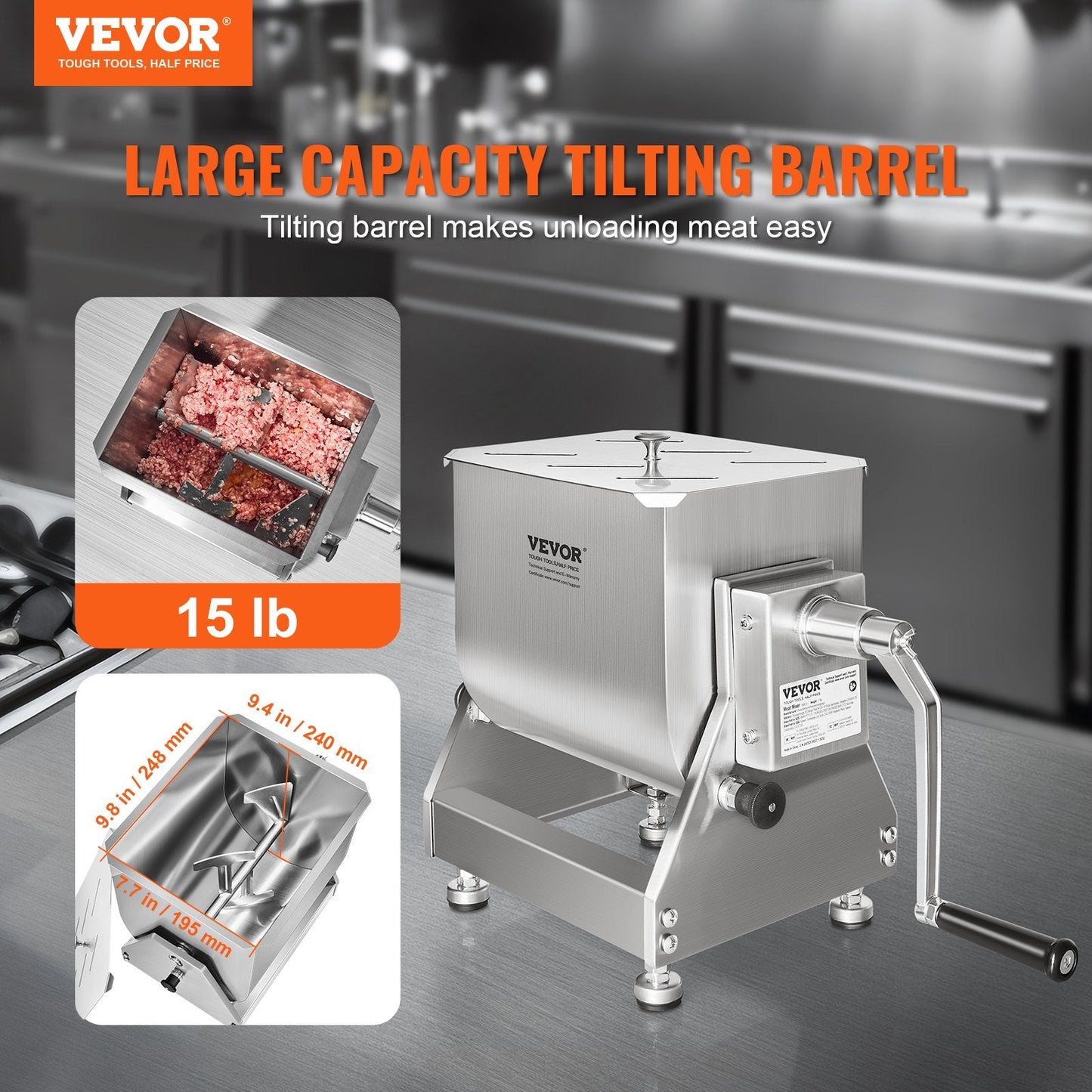 10L Stainless Steel Manual Meat Mixer with Tilting Barrel for Sausage Making