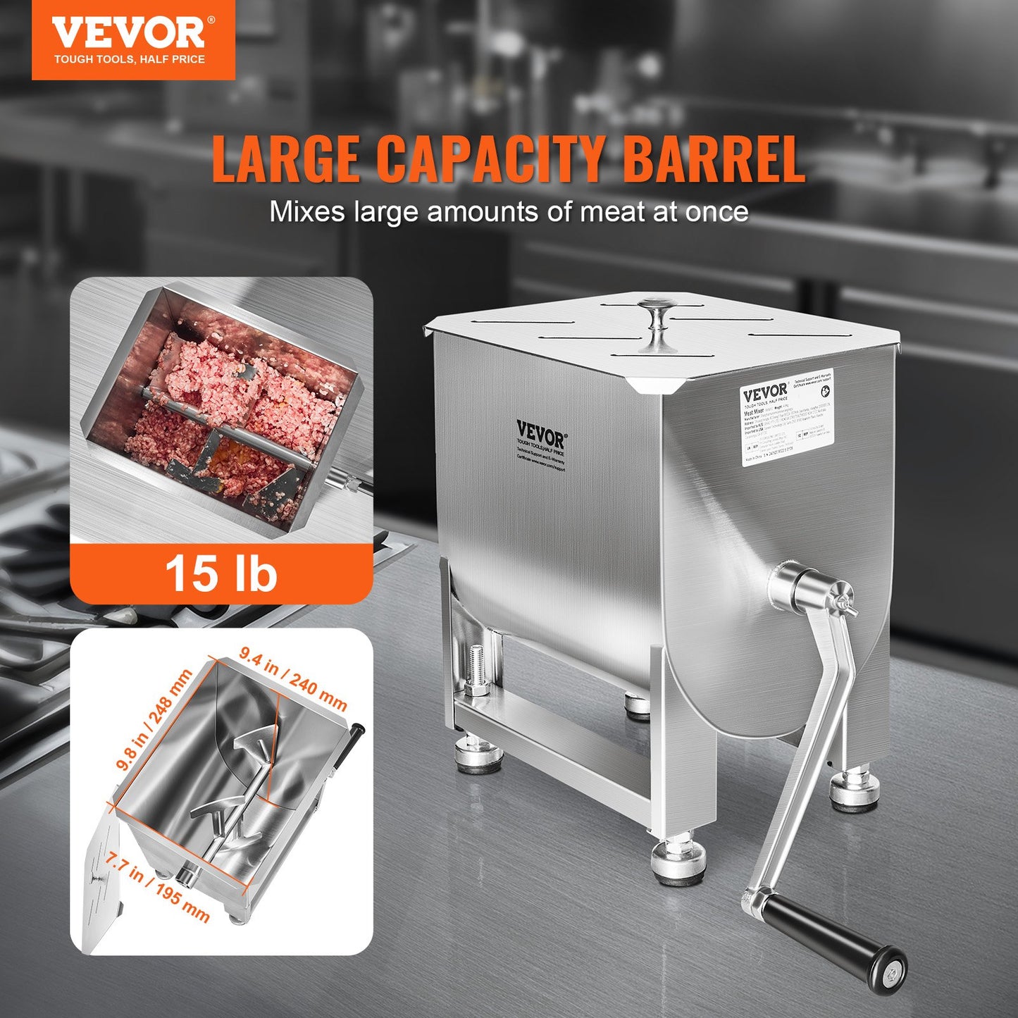 VEVOR 10L Manual Meat Mixer Sausage Hand Mixer Machine Stainless Steel
