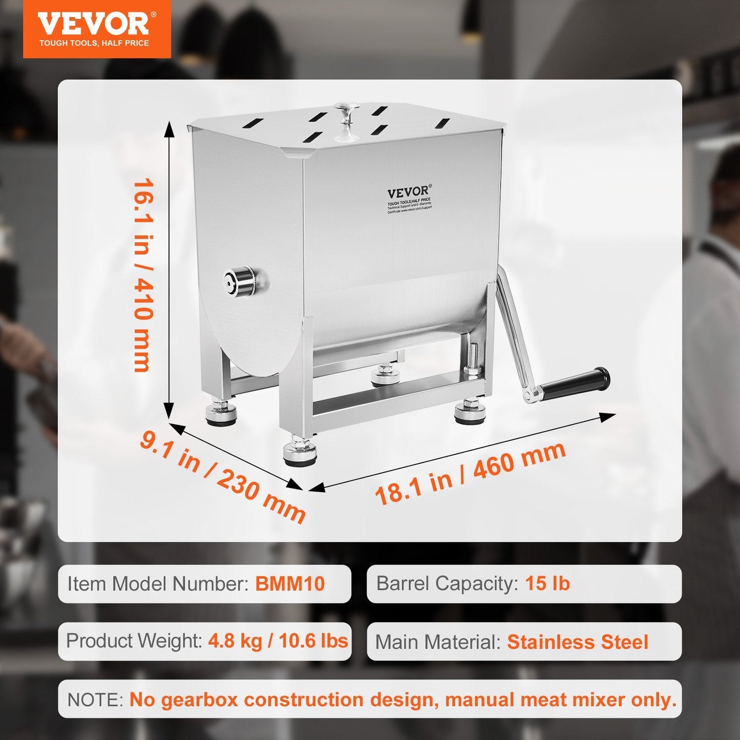 10L Stainless Steel Manual Sausage Mixer for Commercial Use, 4.8 kg Capacity