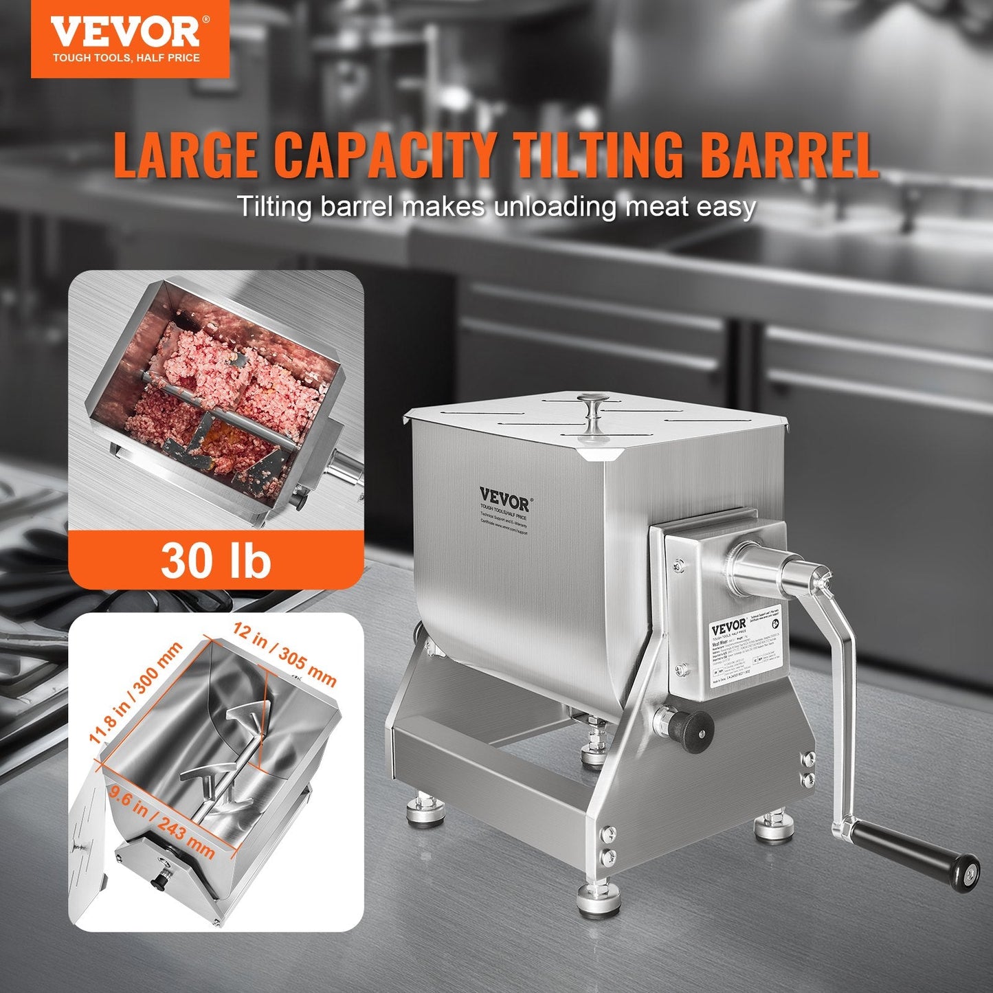 20L Stainless Steel Manual Sausage Mixer with Tilting Barrel for Commercial Use
