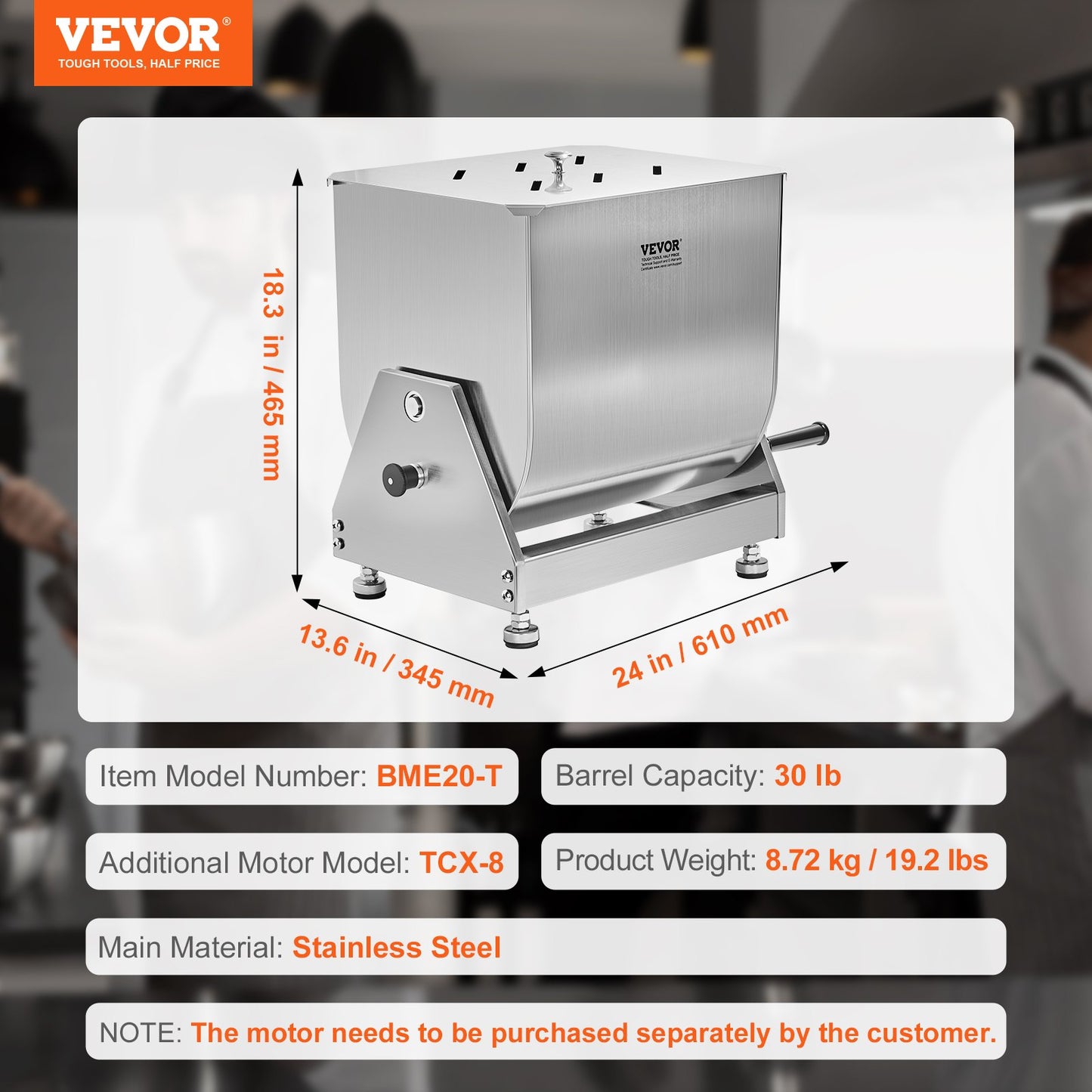 VEVOR 20L Tilt Manual Meat Mixer Sausage Hand Mixer Machine Stainless Steel